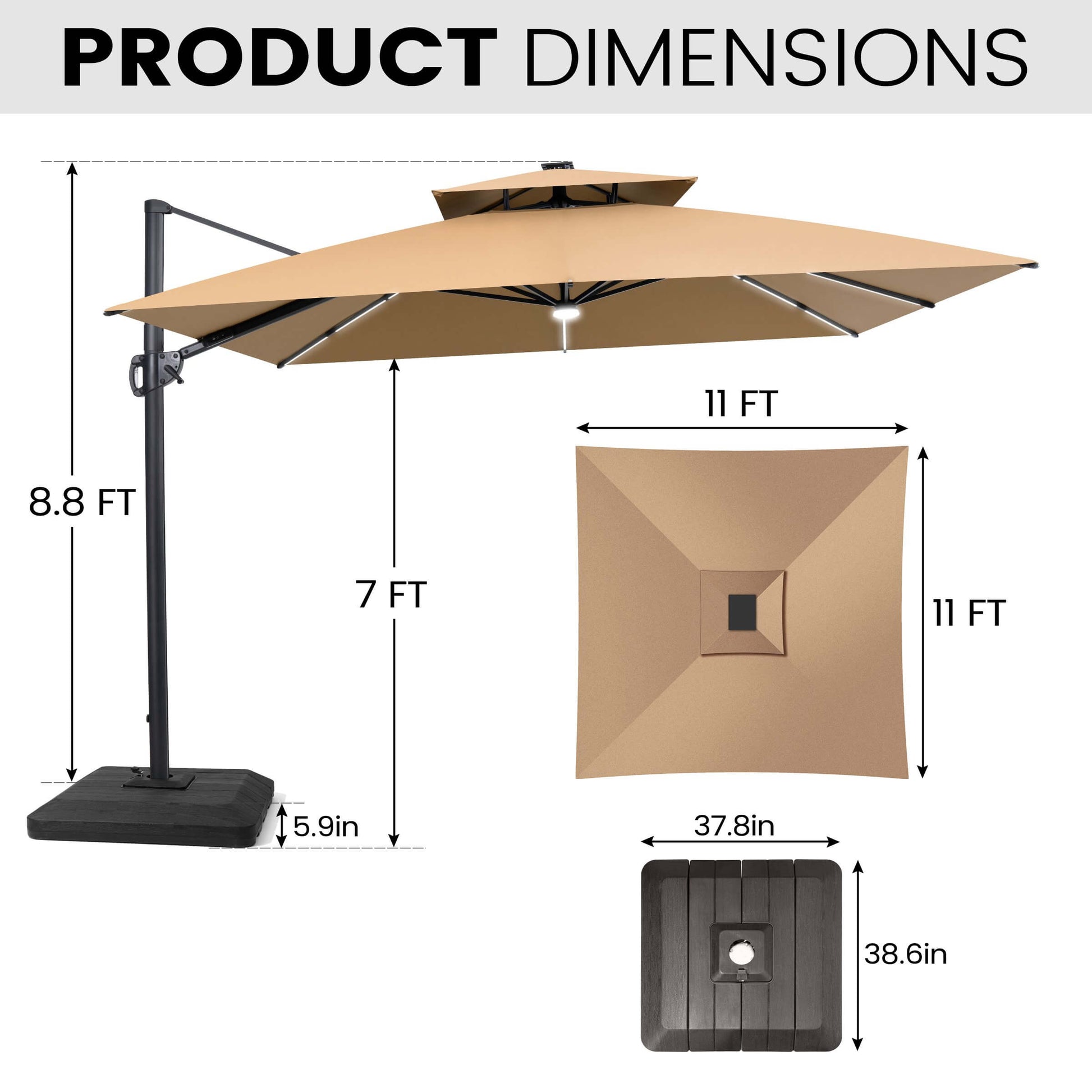 Dimensions of 11x11 FT beige LED cantilever umbrella and weighted base.