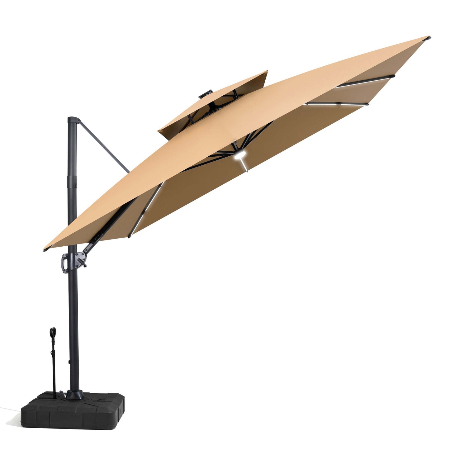 Tilted beige LED cantilever umbrella on a pull-rod base.