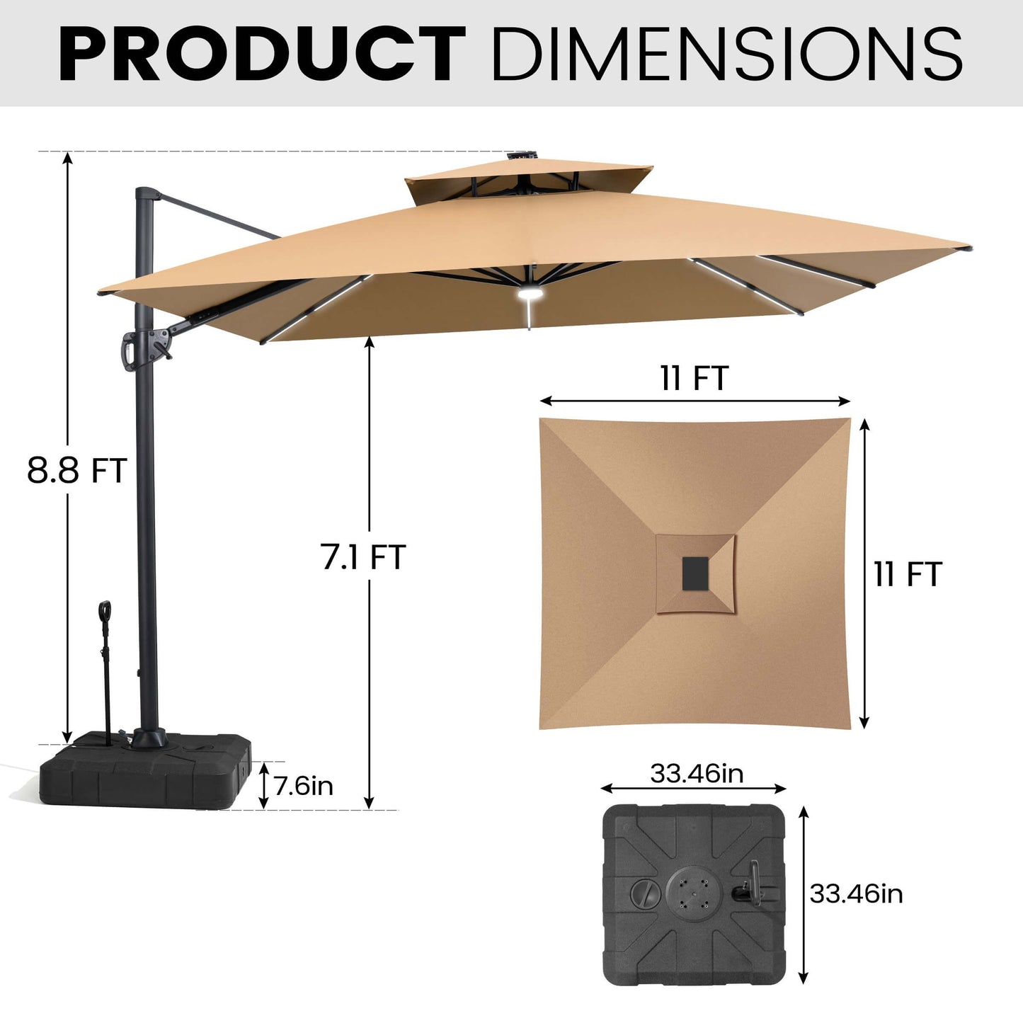 Dimensions of 11x11 FT beige LED cantilever umbrella and pull-rod base.