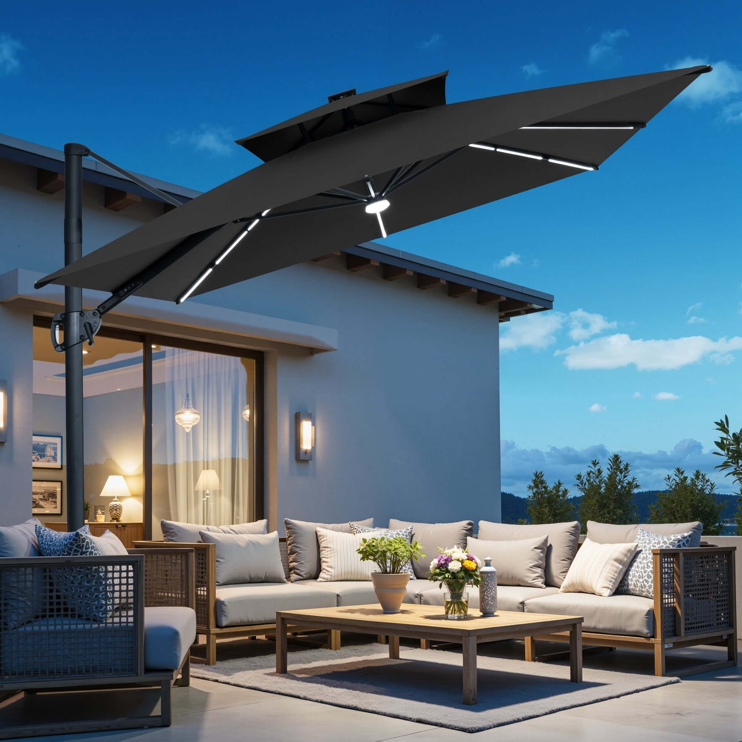 11x9 ft Aluminum Cantilever Patio Umbrella with Premium LED Strip Lights (Base Options)