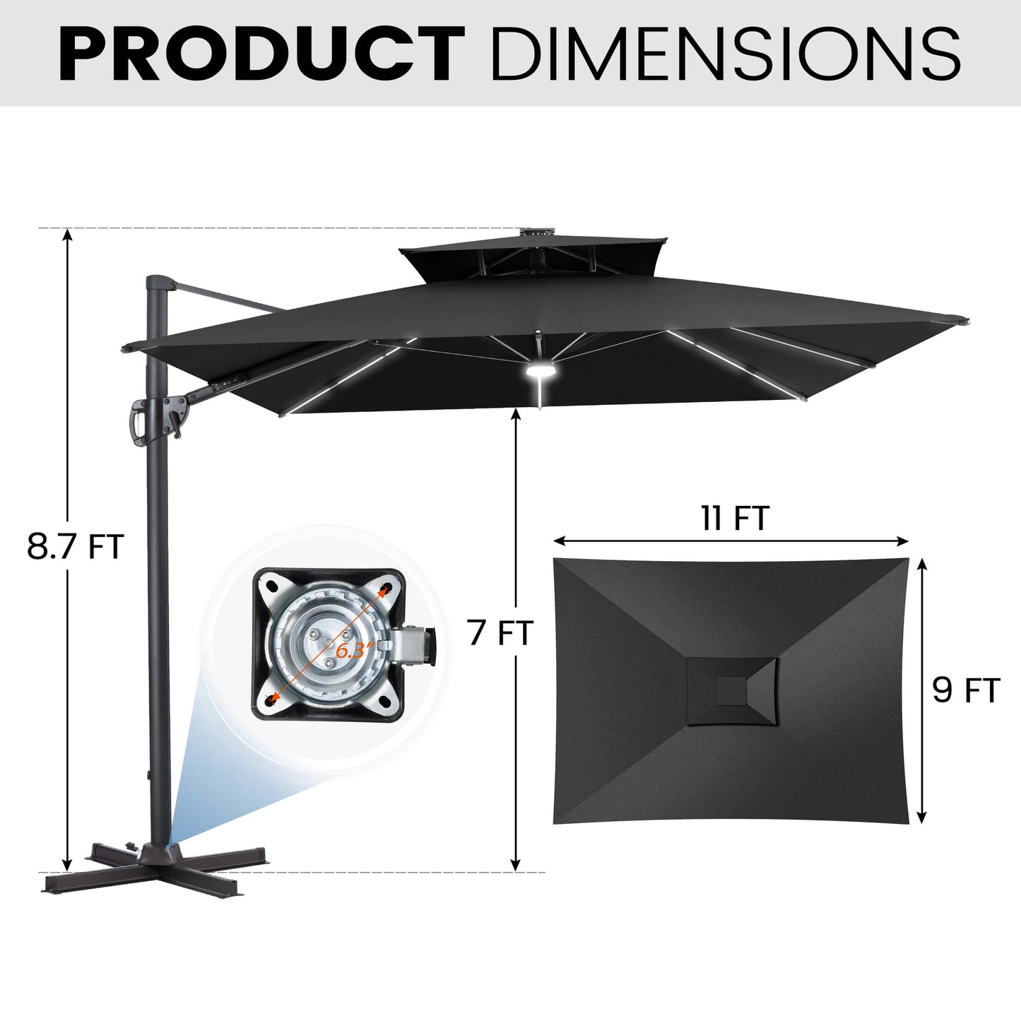 11x9 ft Aluminum Cantilever Patio Umbrella with Premium LED Strip Lights (Base Options)