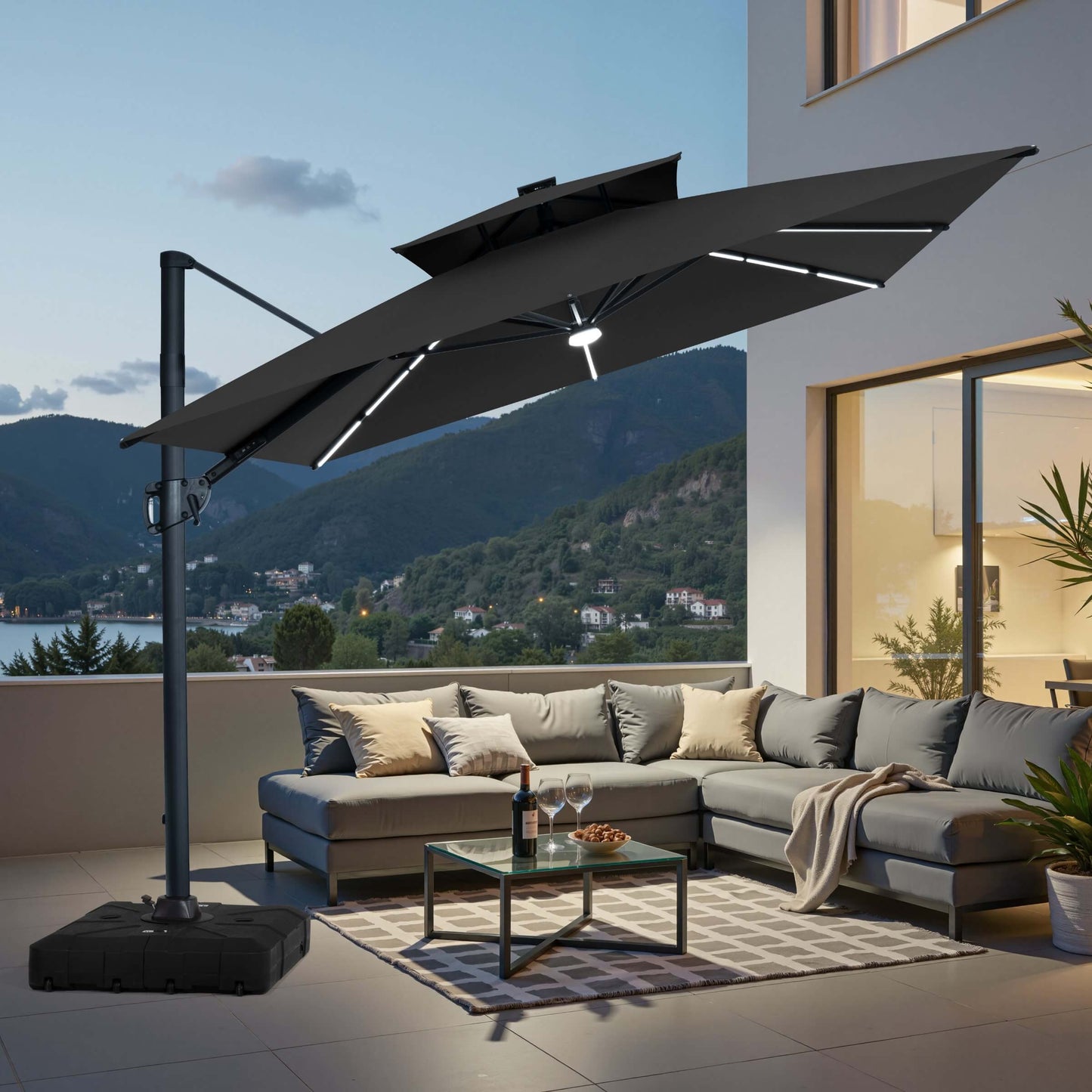 11x9 ft Aluminum Cantilever Patio Umbrella with Premium LED Strip Lights (Base Options)