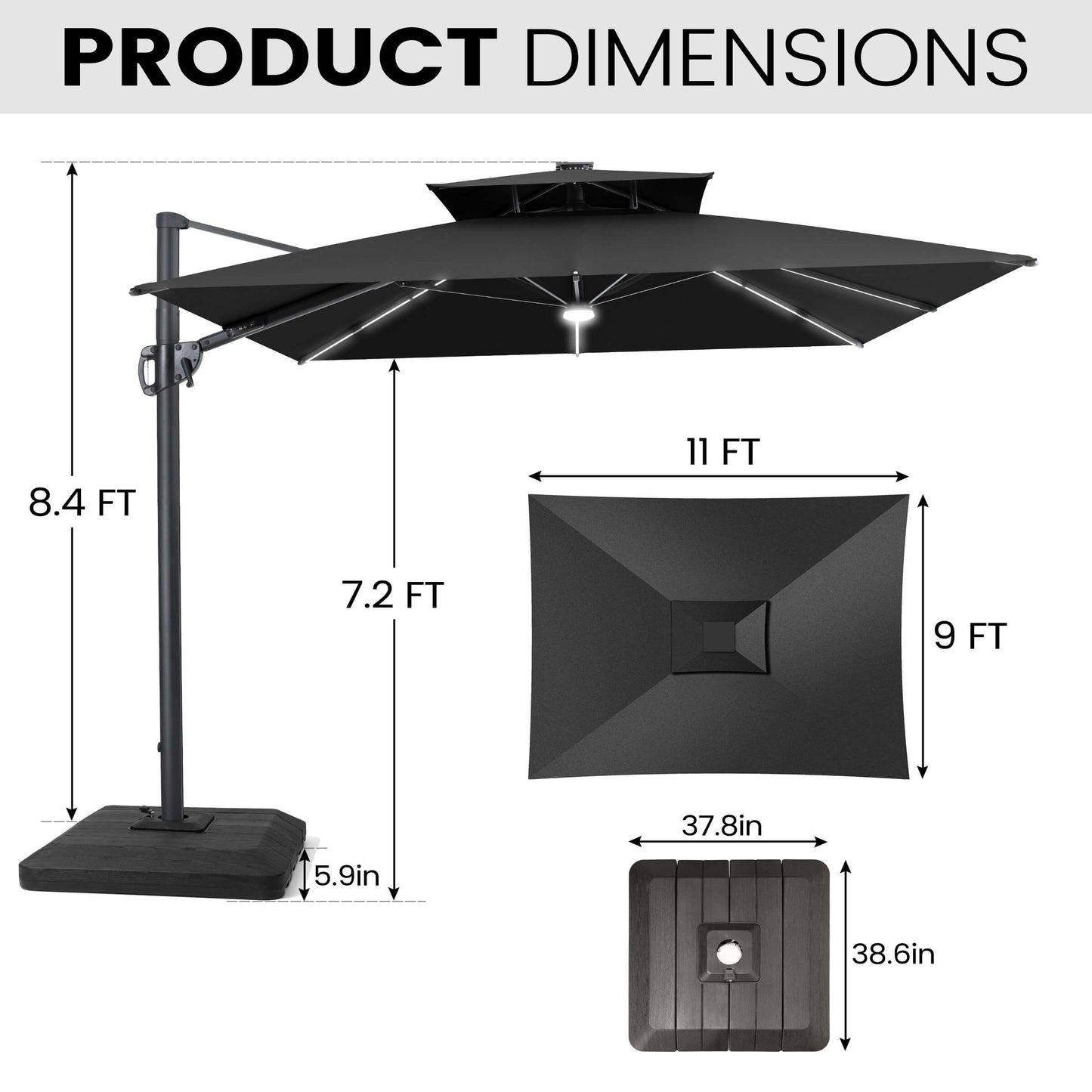 11x9 ft Aluminum Cantilever Patio Umbrella with Premium LED Strip Lights (Base Options)