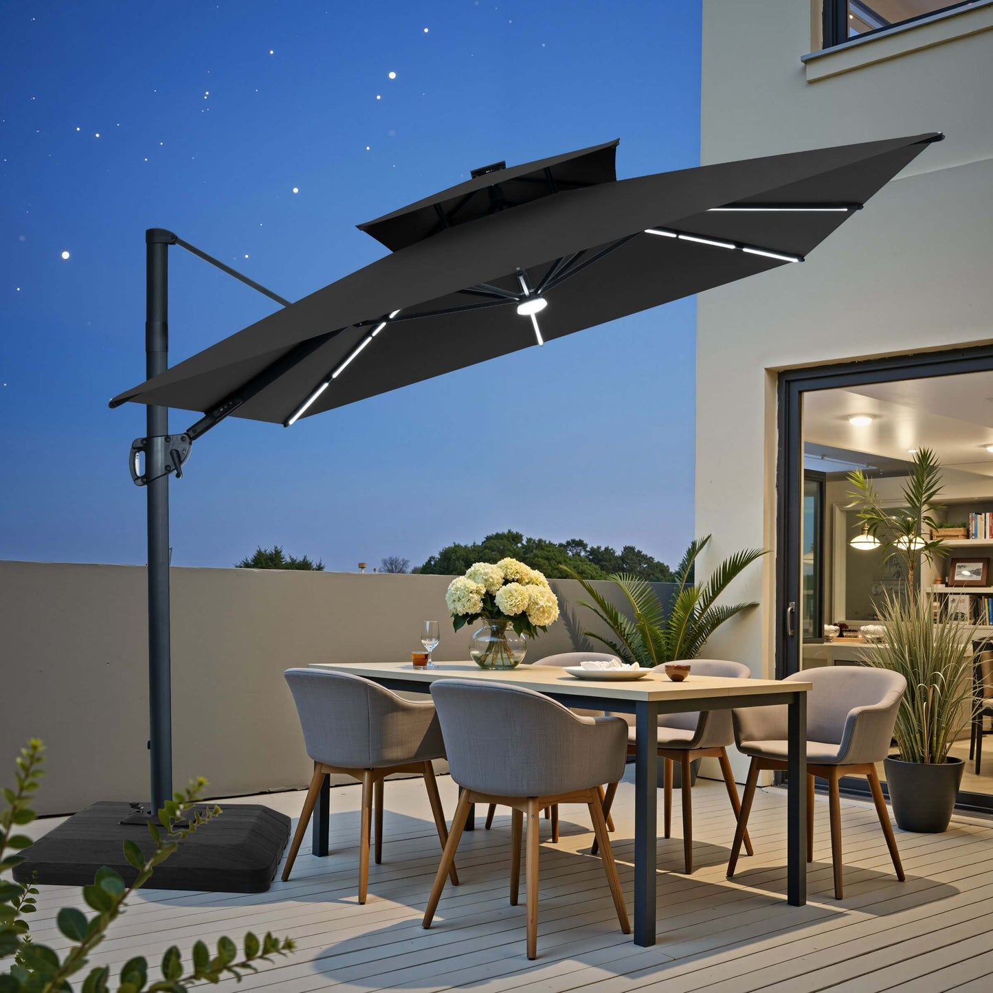 11x9 ft Aluminum Cantilever Patio Umbrella with Premium LED Strip Lights (Base Options)
