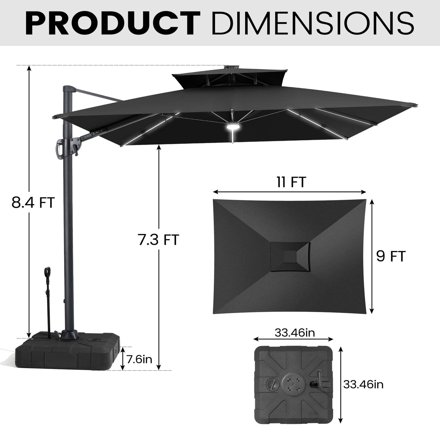 11x9 ft Aluminum Cantilever Patio Umbrella with Premium LED Strip Lights (Base Options)