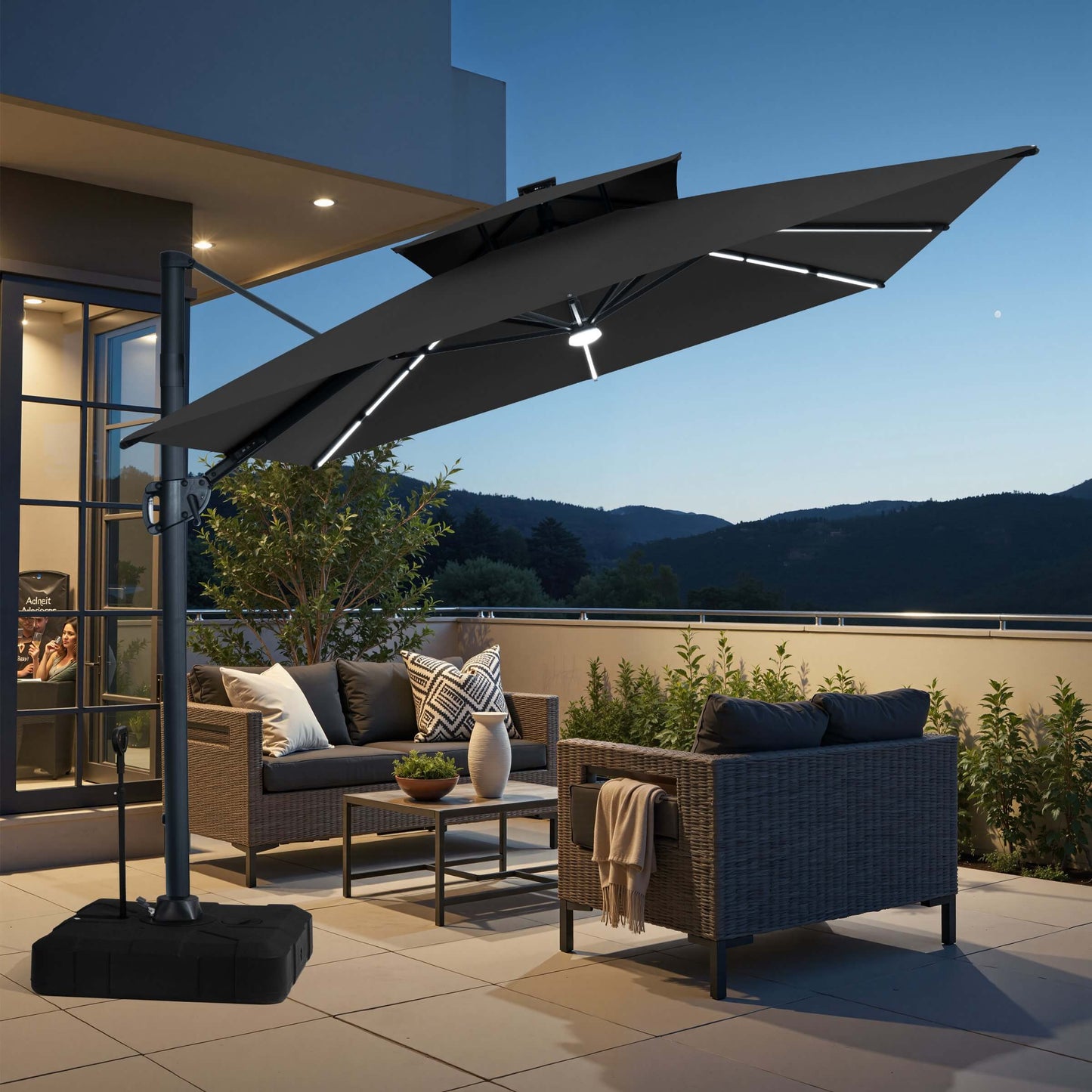 11x9 ft Aluminum Cantilever Patio Umbrella with Premium LED Strip Lights (Base Options)