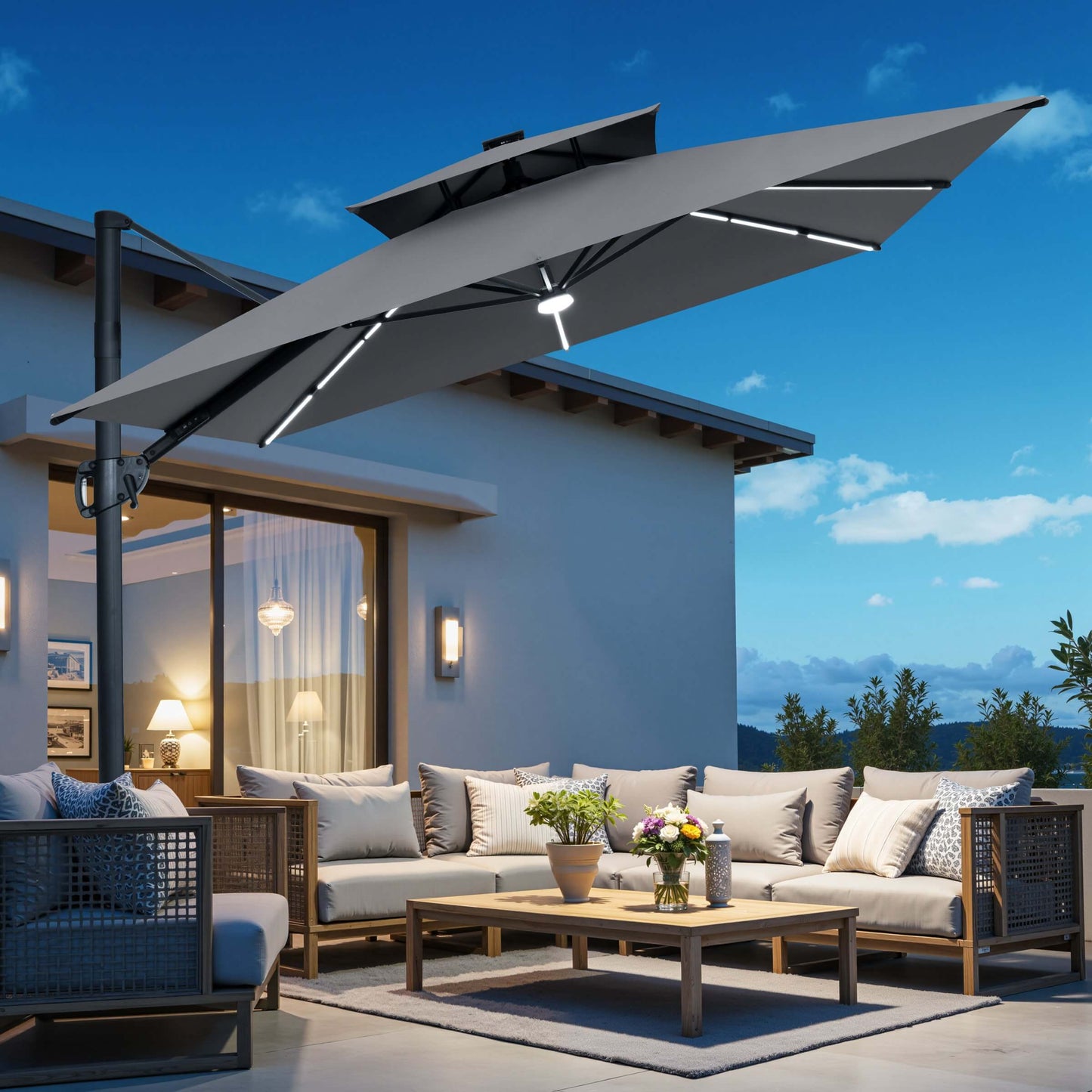 11x9 ft Aluminum Cantilever Patio Umbrella with Premium LED Strip Lights (Base Options)