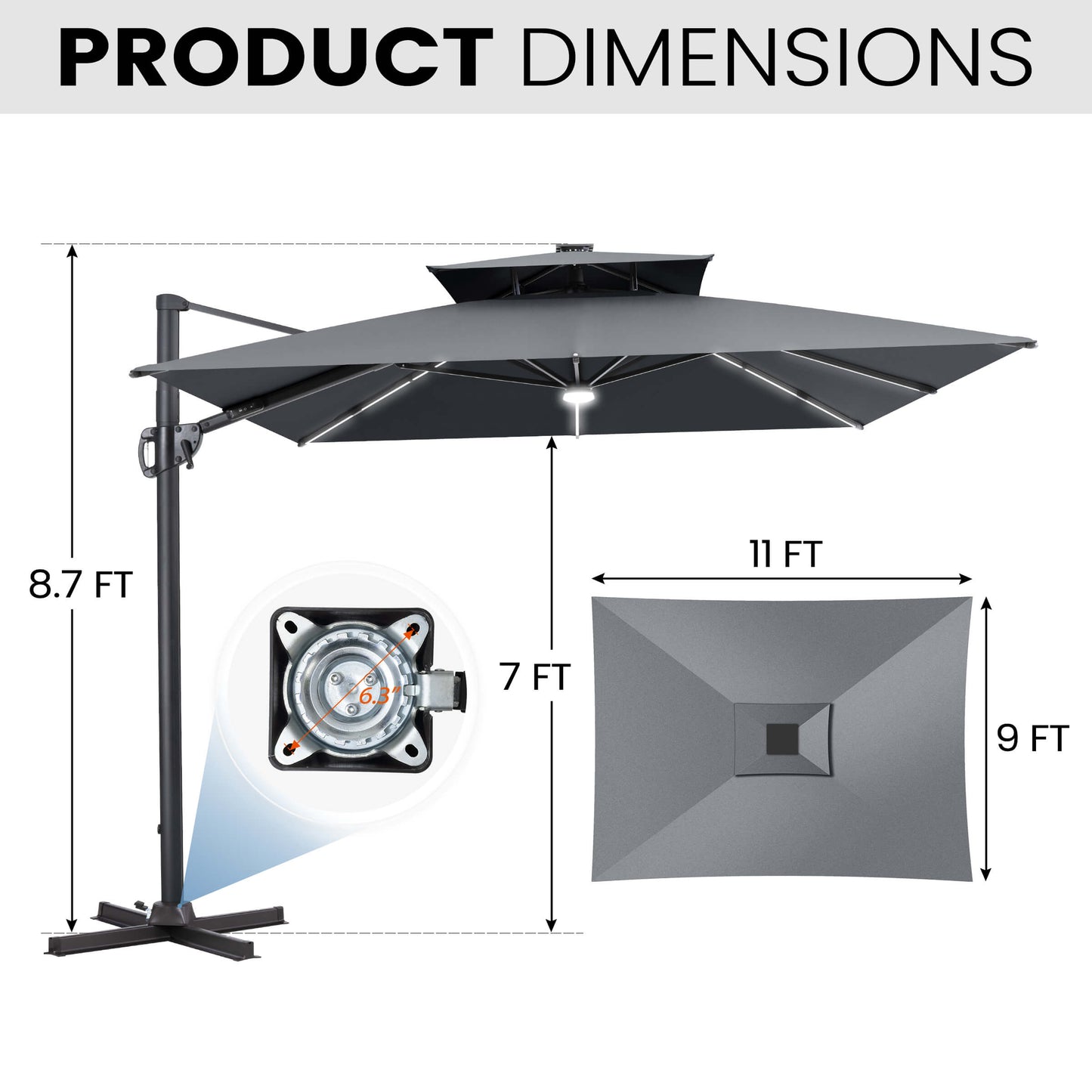 11x9 ft Aluminum Cantilever Patio Umbrella with Premium LED Strip Lights (Base Options)