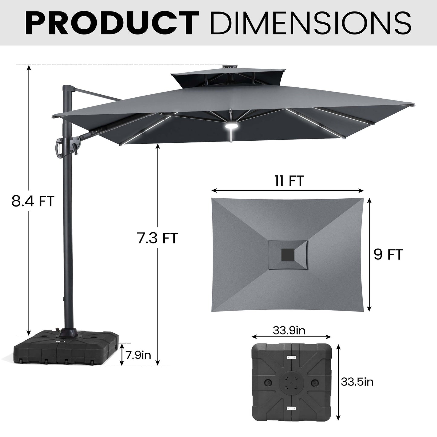 11x9 ft Aluminum Cantilever Patio Umbrella with Premium LED Strip Lights (Base Options)