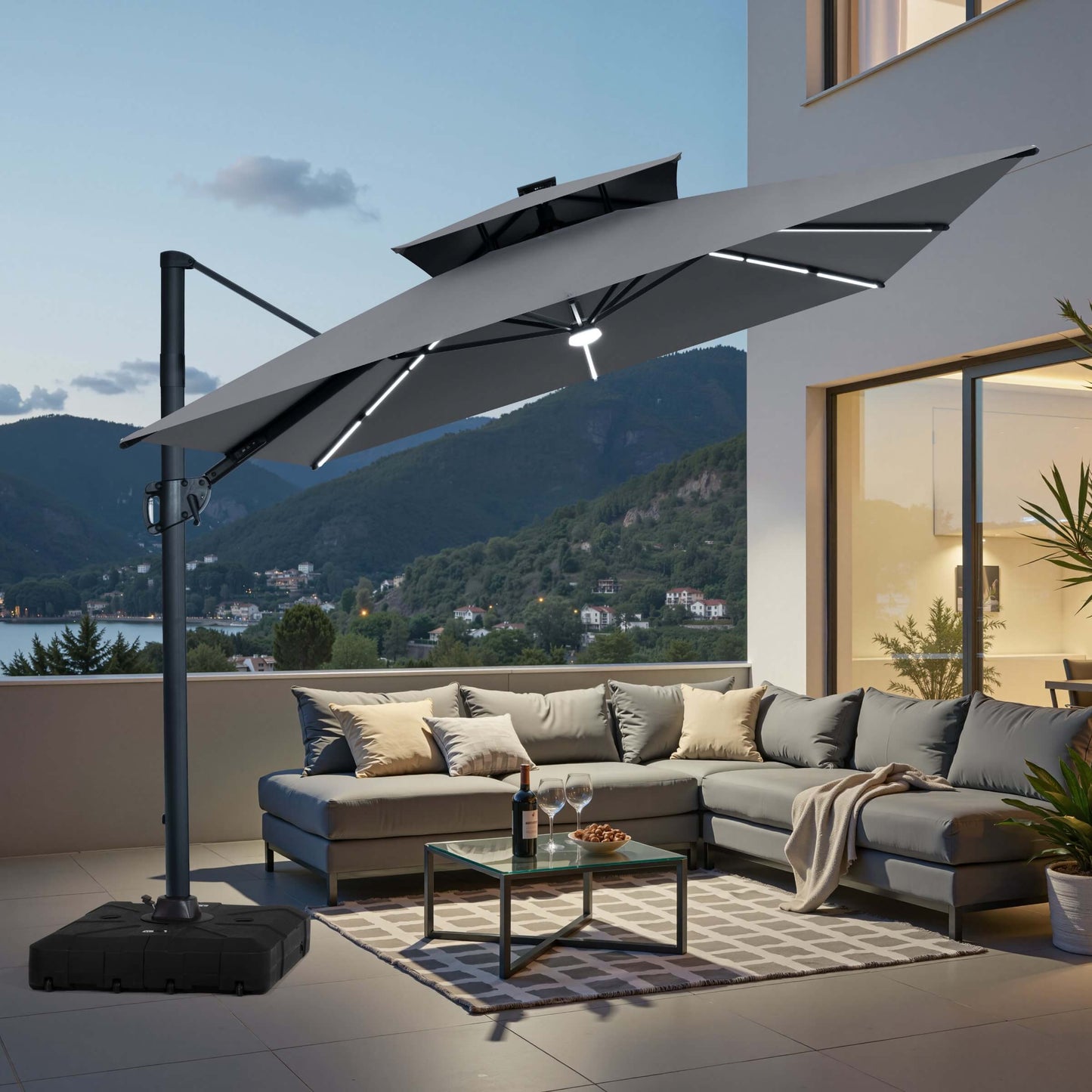 11x9 ft Aluminum Cantilever Patio Umbrella with Premium LED Strip Lights (Base Options)
