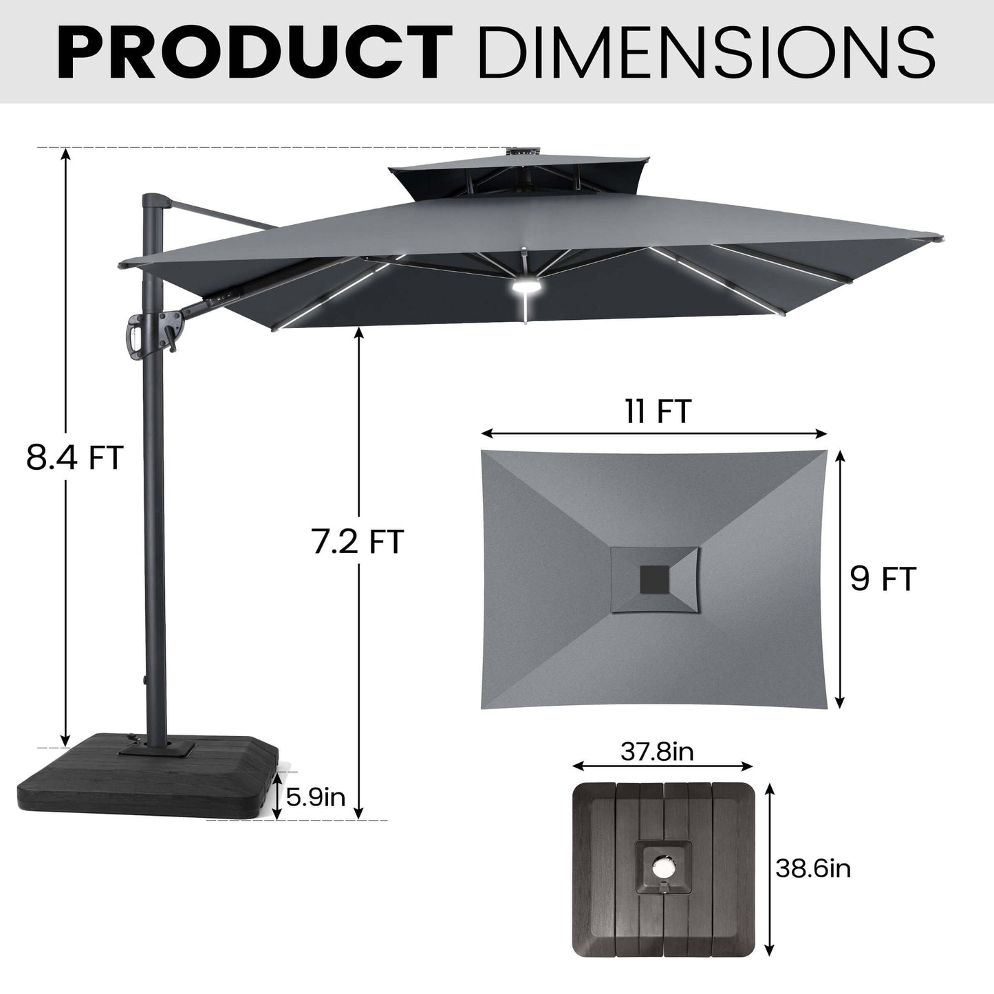 11x9 ft Aluminum Cantilever Patio Umbrella with Premium LED Strip Lights (Base Options)