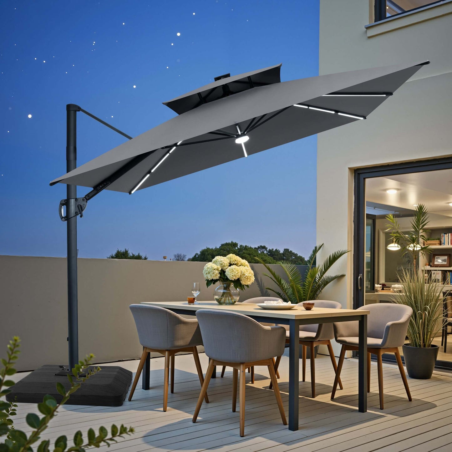 11x9 ft Aluminum Cantilever Patio Umbrella with Premium LED Strip Lights (Base Options)