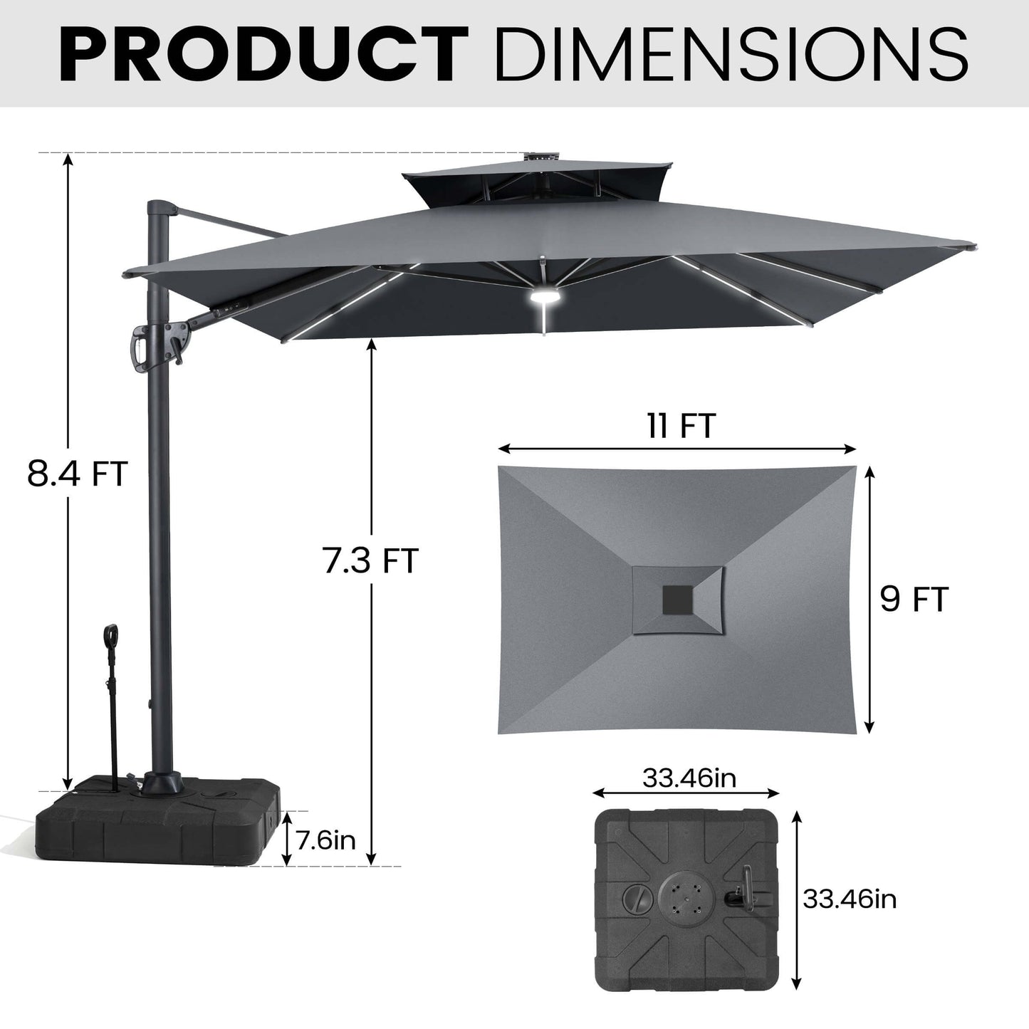 11x9 ft Aluminum Cantilever Patio Umbrella with Premium LED Strip Lights (Base Options)