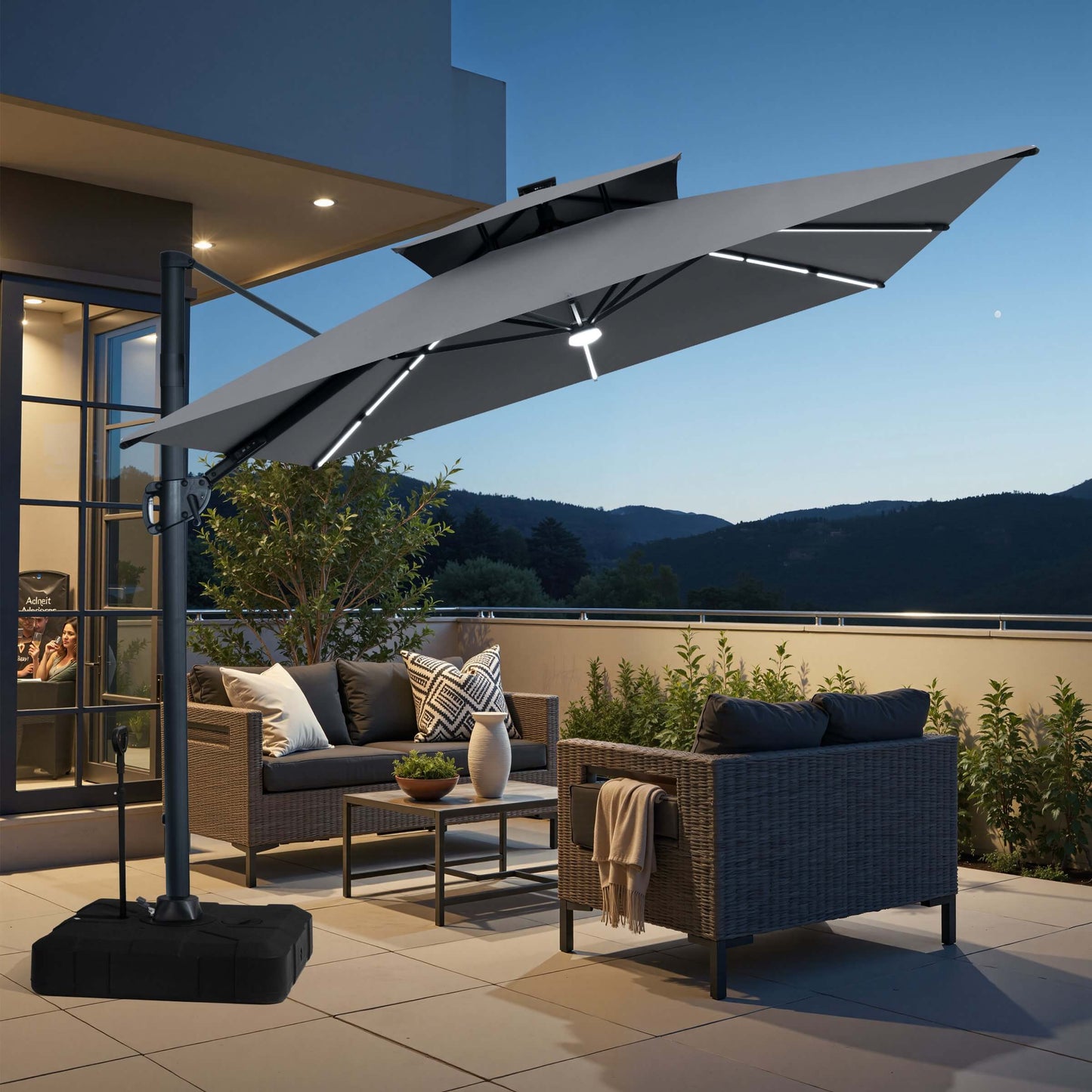 11x9 ft Aluminum Cantilever Patio Umbrella with Premium LED Strip Lights (Base Options)