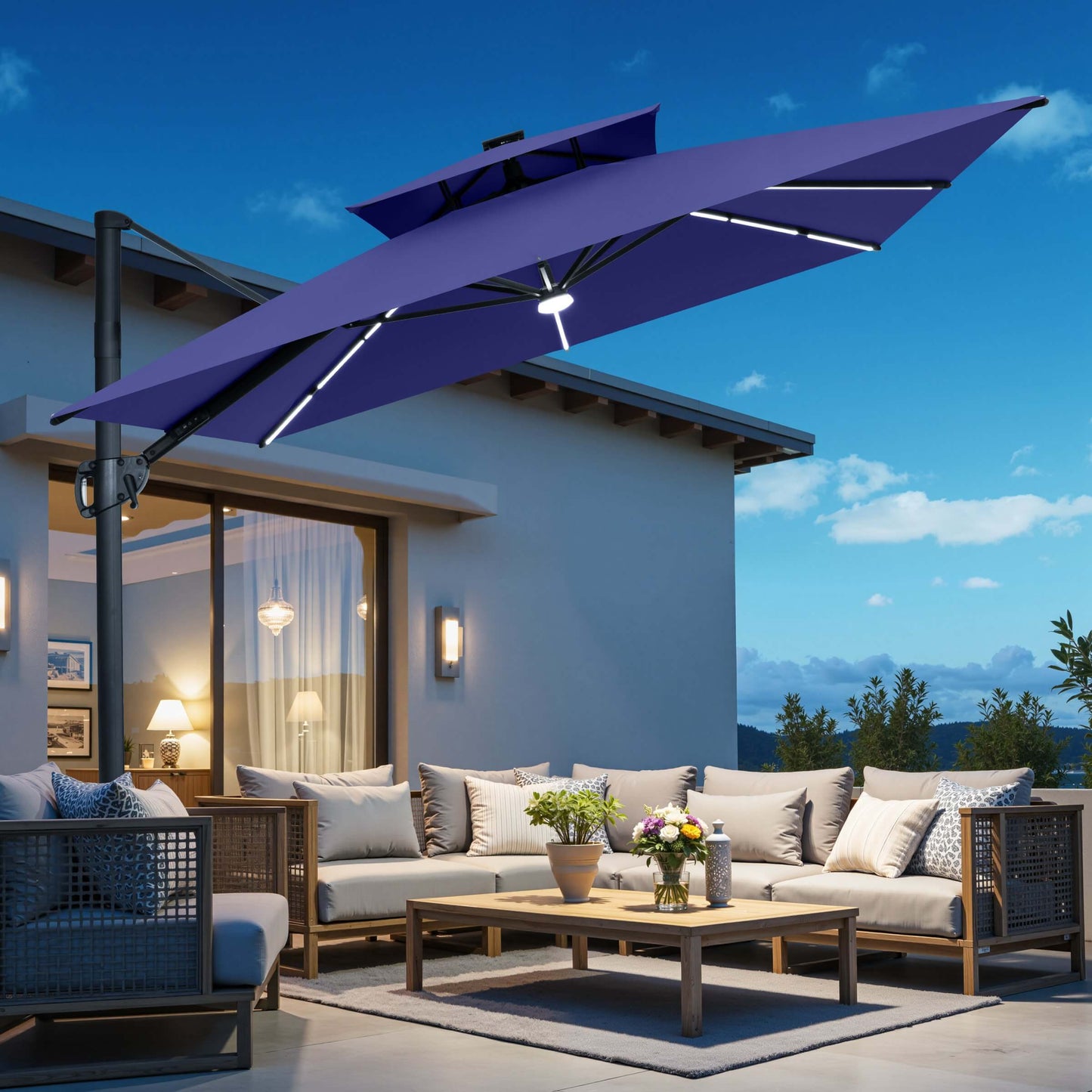 11x9 ft Aluminum Cantilever Patio Umbrella with Premium LED Strip Lights (Base Options)