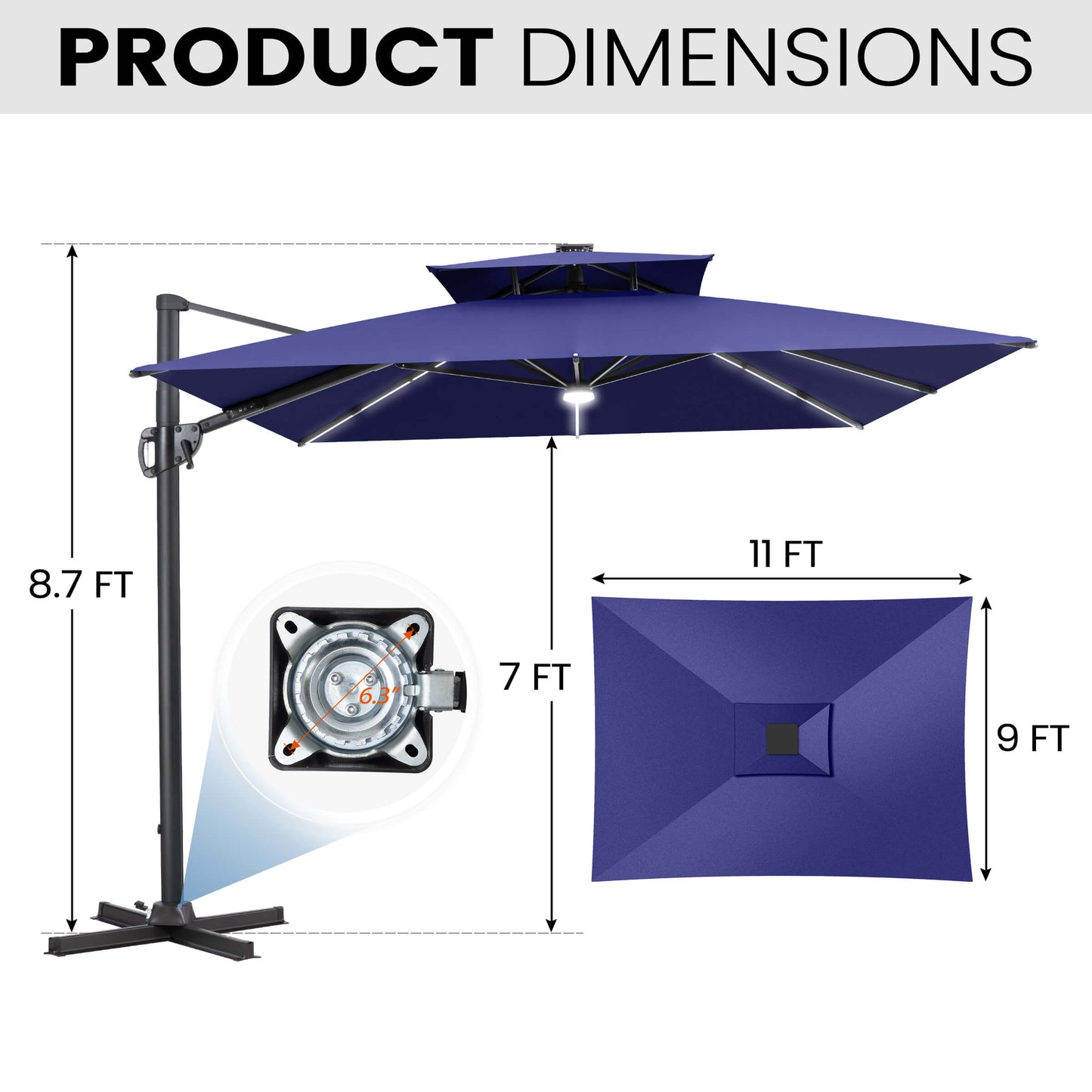 11x9 ft Aluminum Cantilever Patio Umbrella with Premium LED Strip Lights (Base Options)