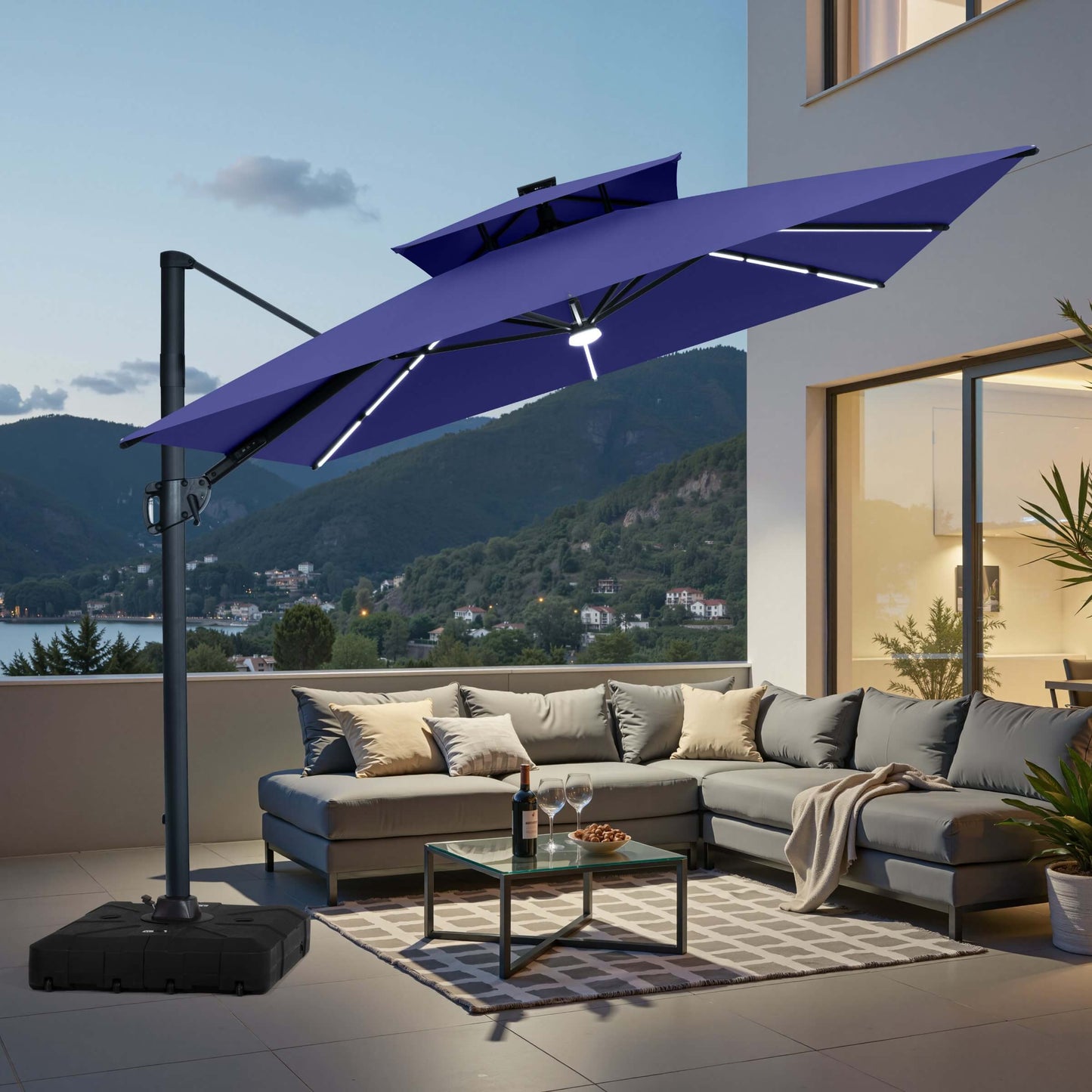 11x9 ft Aluminum Cantilever Patio Umbrella with Premium LED Strip Lights (Base Options)