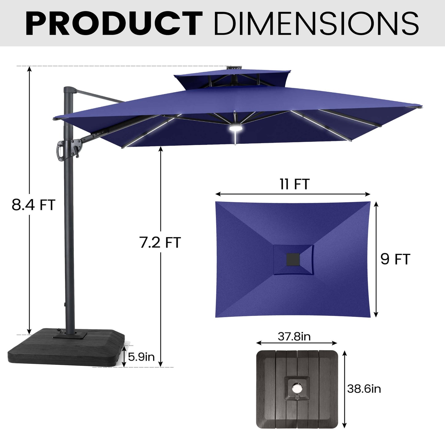 11x9 ft Aluminum Cantilever Patio Umbrella with Premium LED Strip Lights (Base Options)