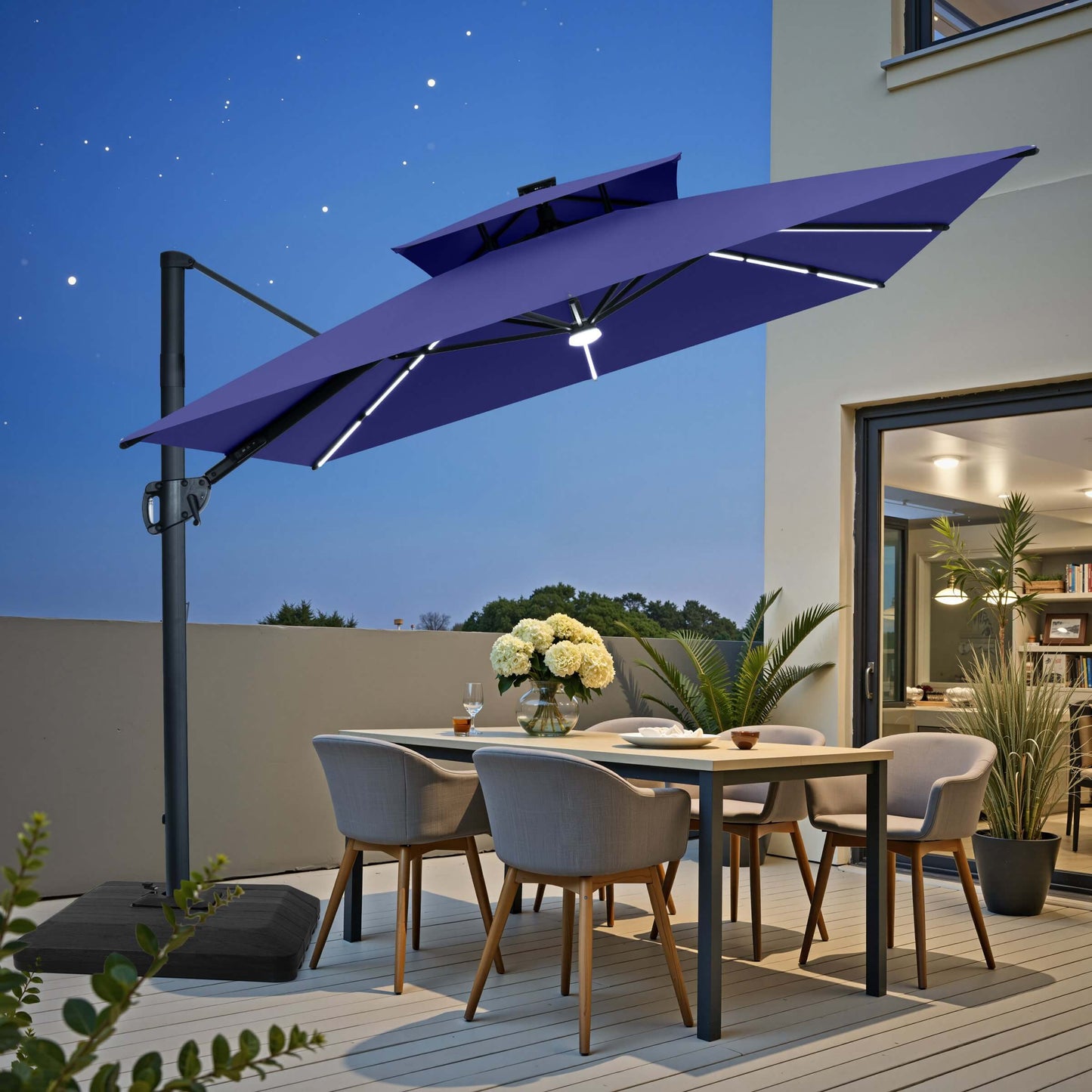 11x9 ft Aluminum Cantilever Patio Umbrella with Premium LED Strip Lights (Base Options)