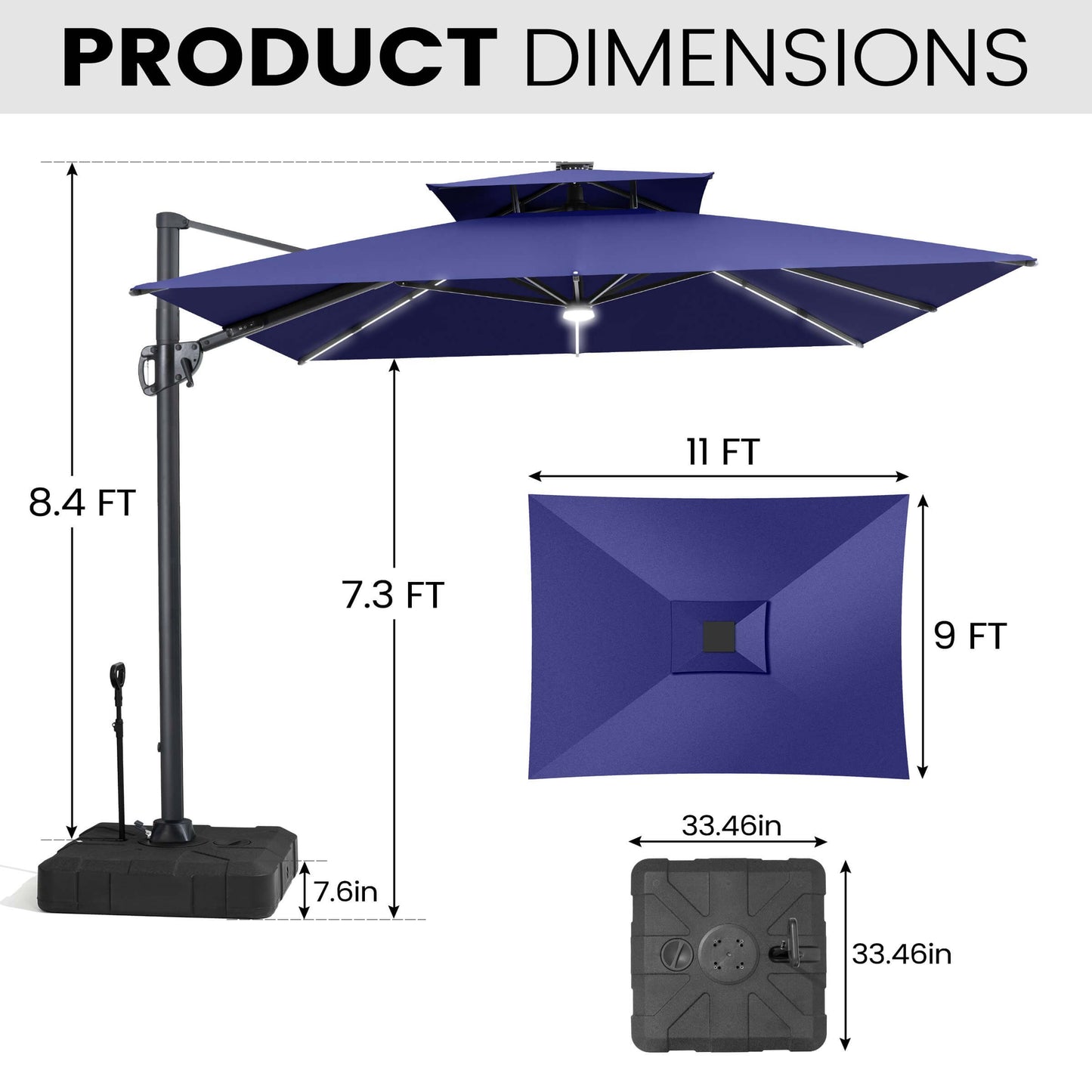 11x9 ft Aluminum Cantilever Patio Umbrella with Premium LED Strip Lights (Base Options)