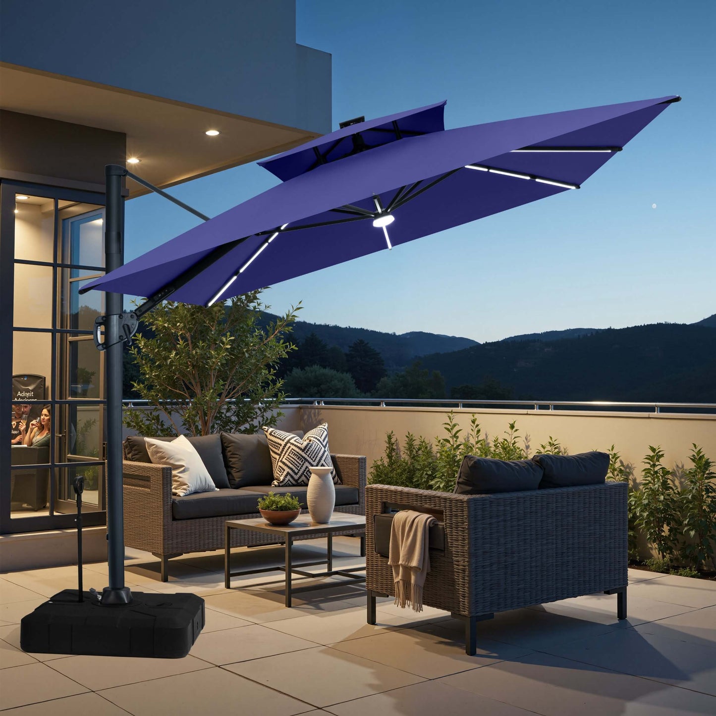 11x9 ft Aluminum Cantilever Patio Umbrella with Premium LED Strip Lights (Base Options)