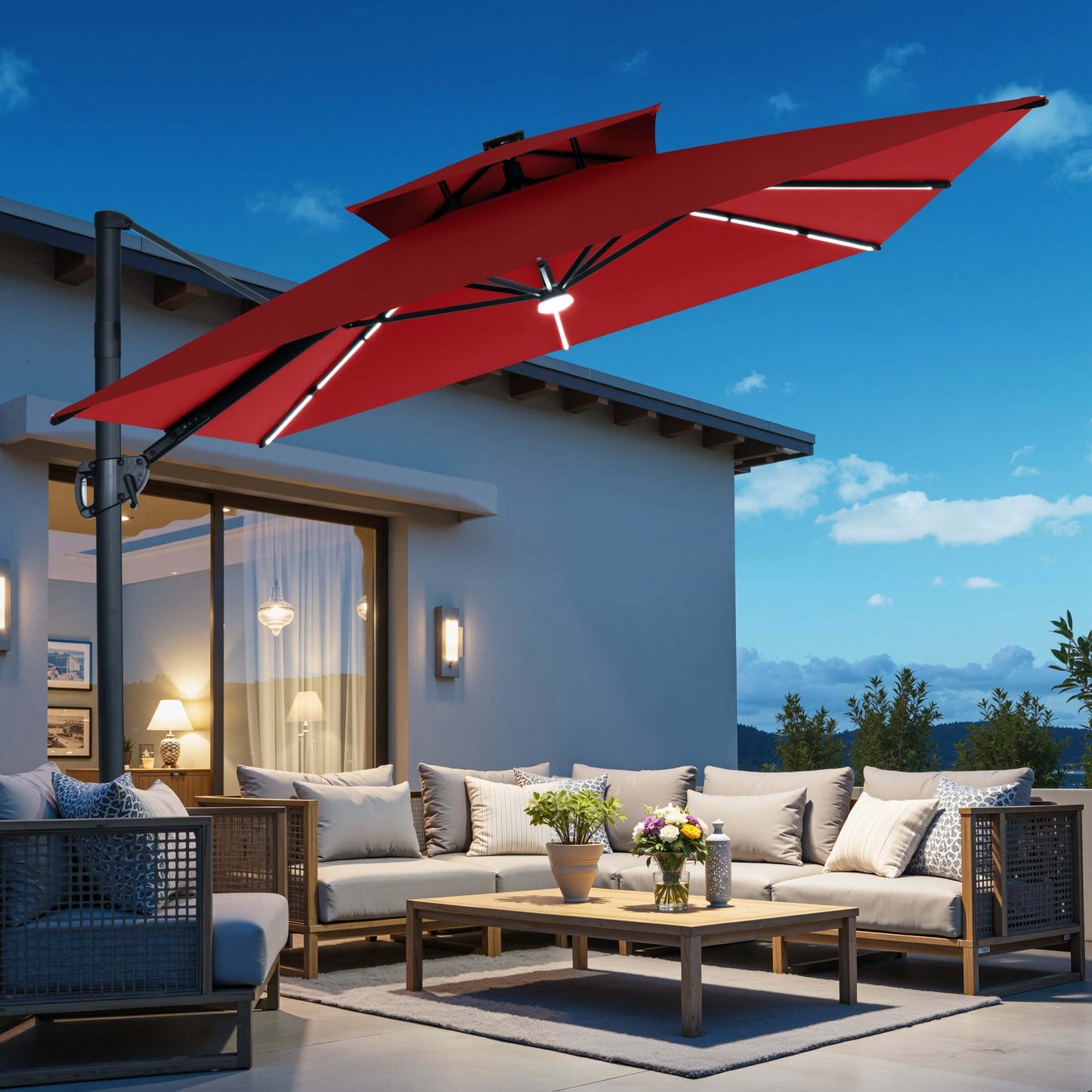 11x9 ft Aluminum Cantilever Patio Umbrella with Premium LED Strip Lights (Base Options)