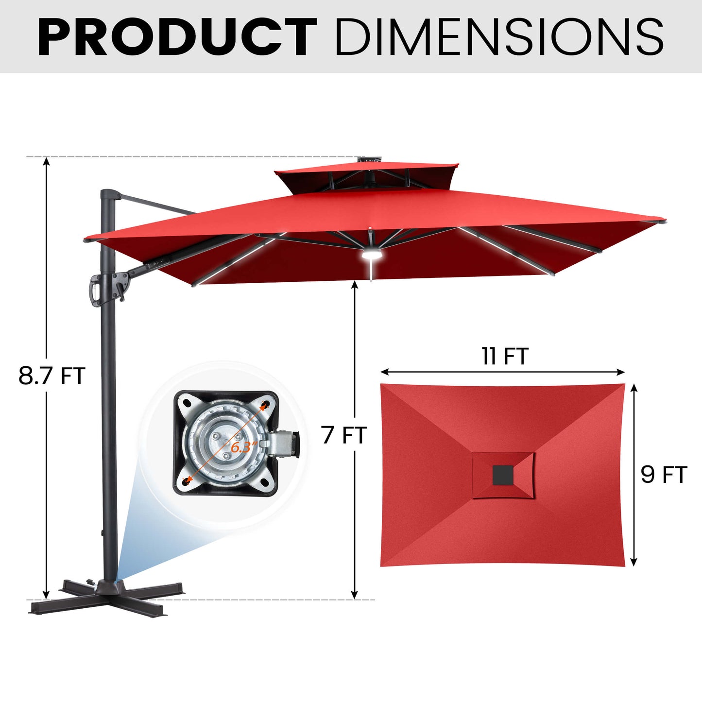 11x9 ft Aluminum Cantilever Patio Umbrella with Premium LED Strip Lights (Base Options)