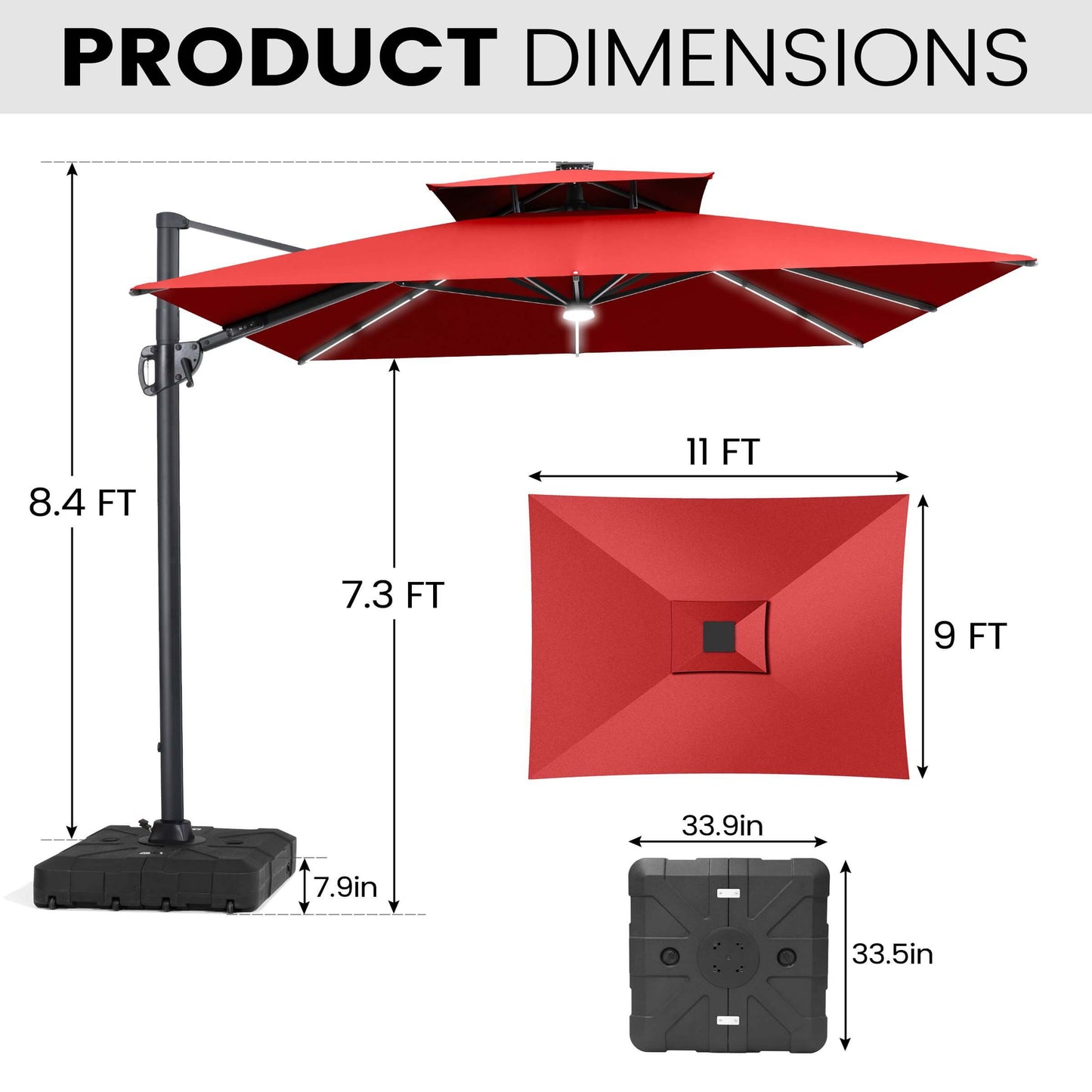 11x9 ft Aluminum Cantilever Patio Umbrella with Premium LED Strip Lights (Base Options)