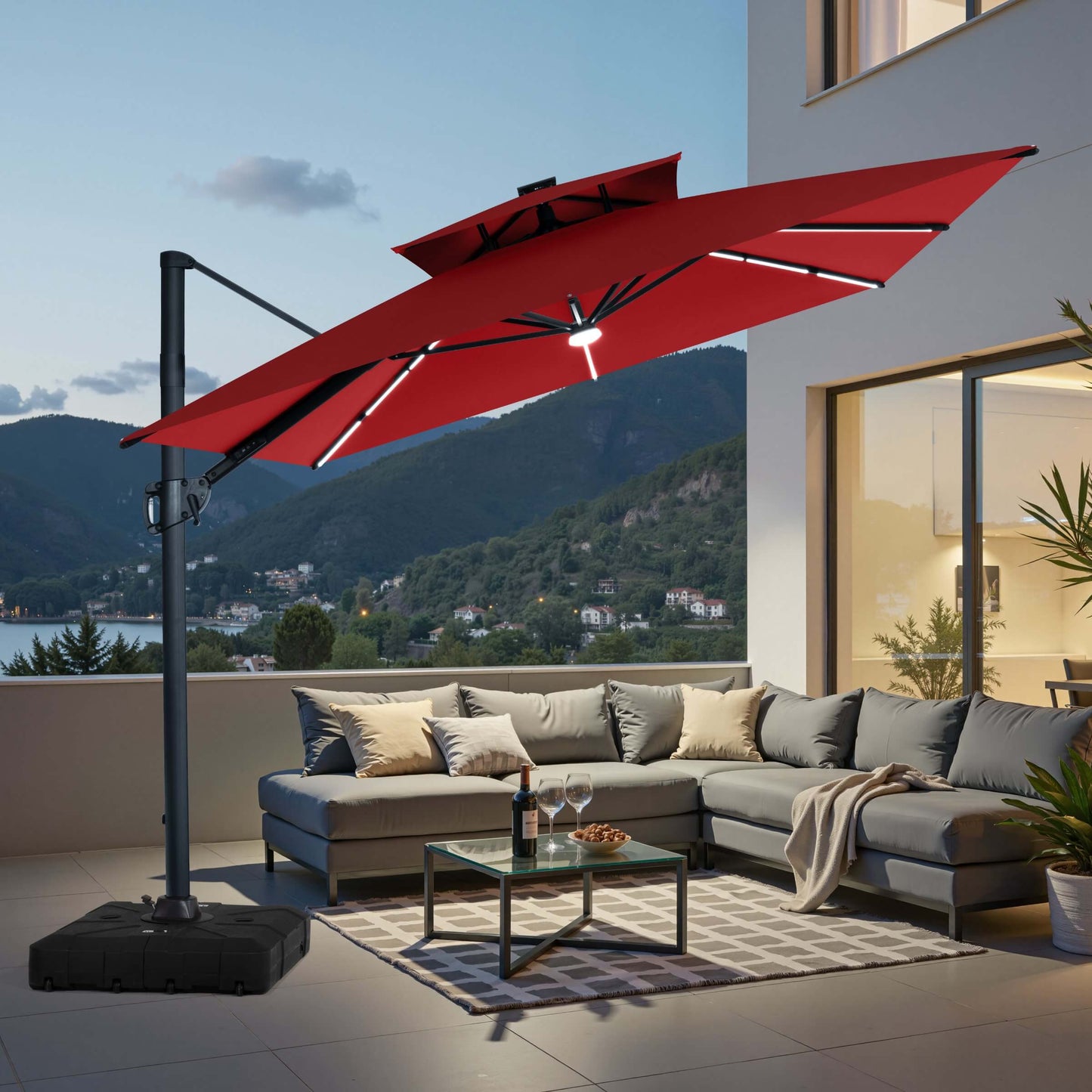 11x9 ft Aluminum Cantilever Patio Umbrella with Premium LED Strip Lights (Base Options)