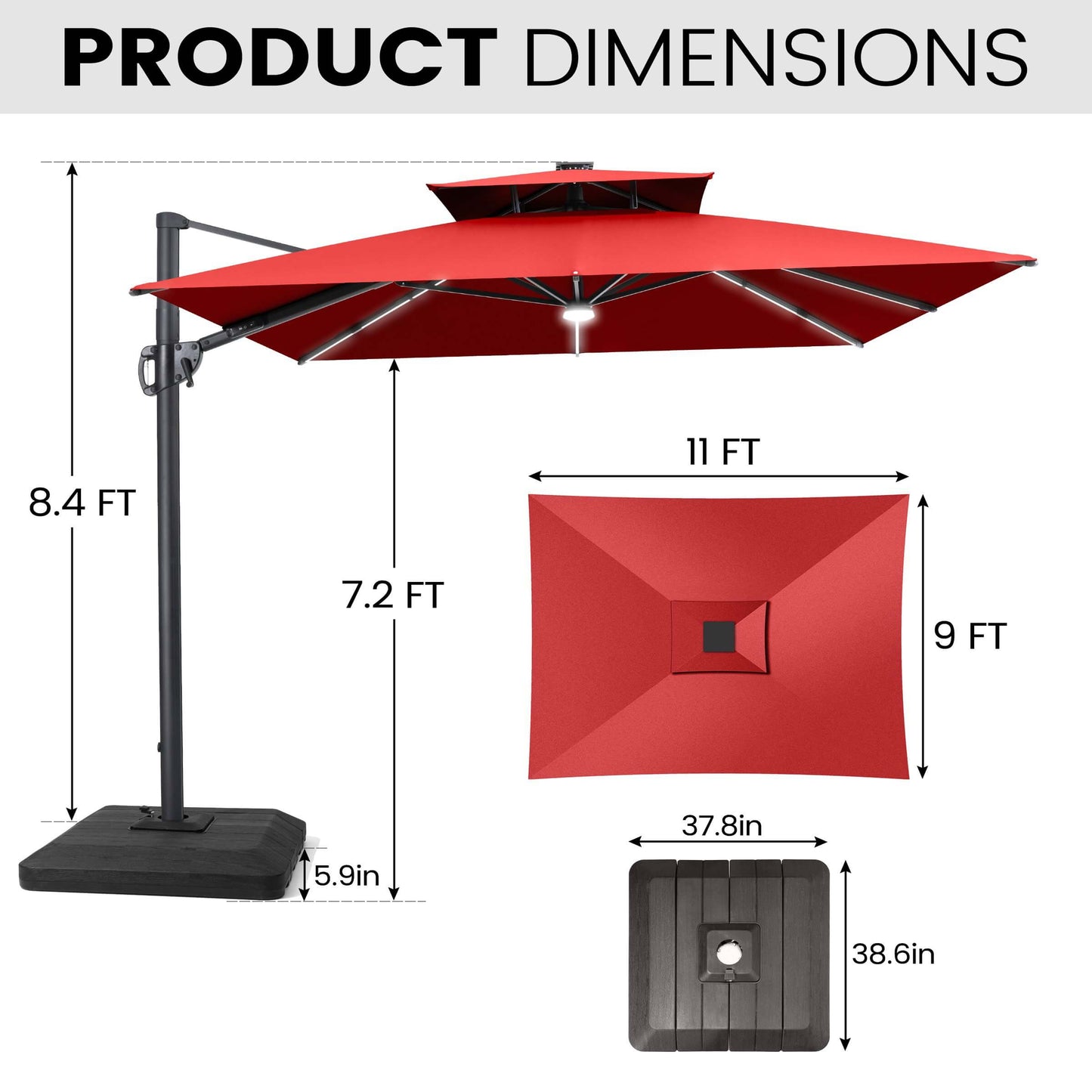 11x9 ft Aluminum Cantilever Patio Umbrella with Premium LED Strip Lights (Base Options)