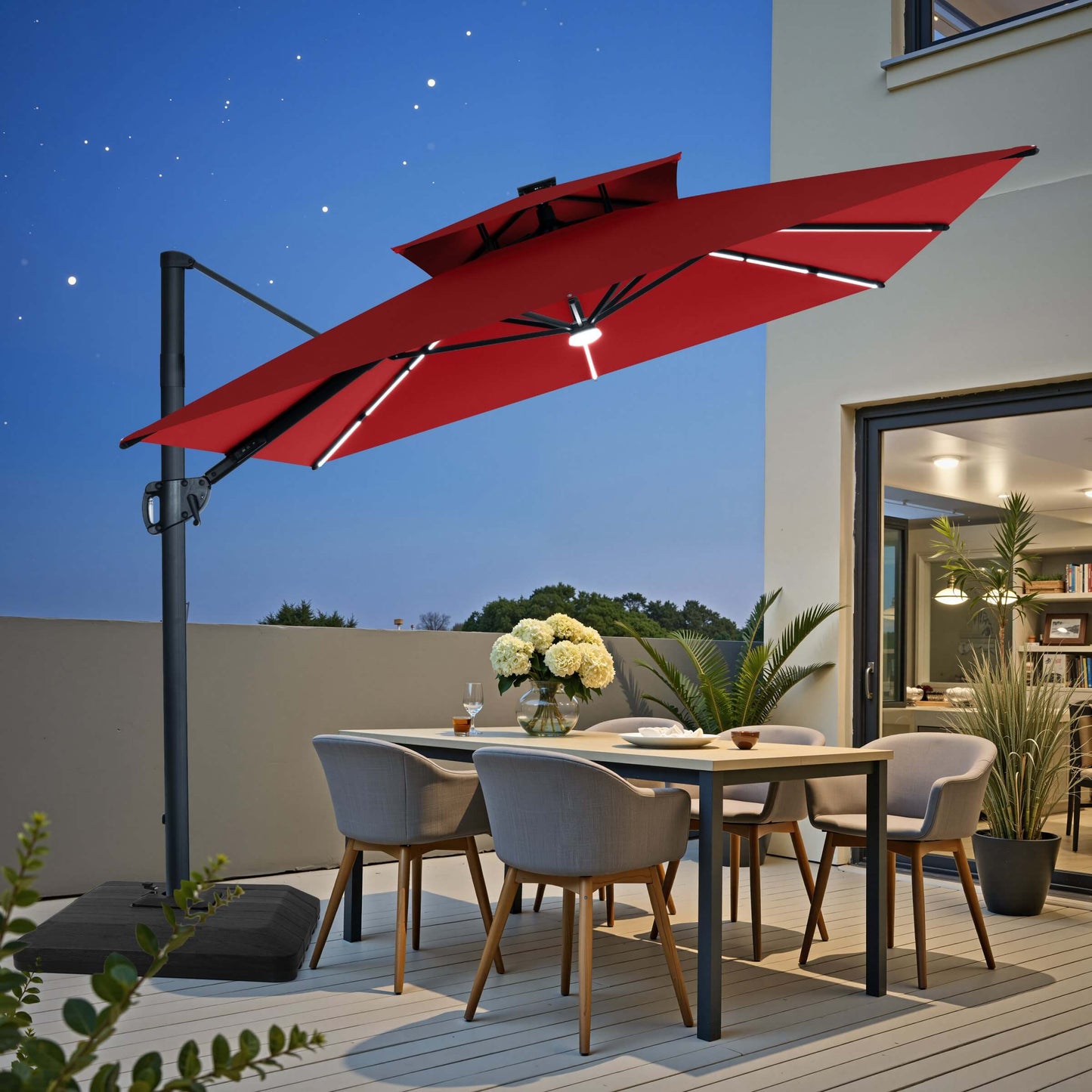 11x9 ft Aluminum Cantilever Patio Umbrella with Premium LED Strip Lights (Base Options)