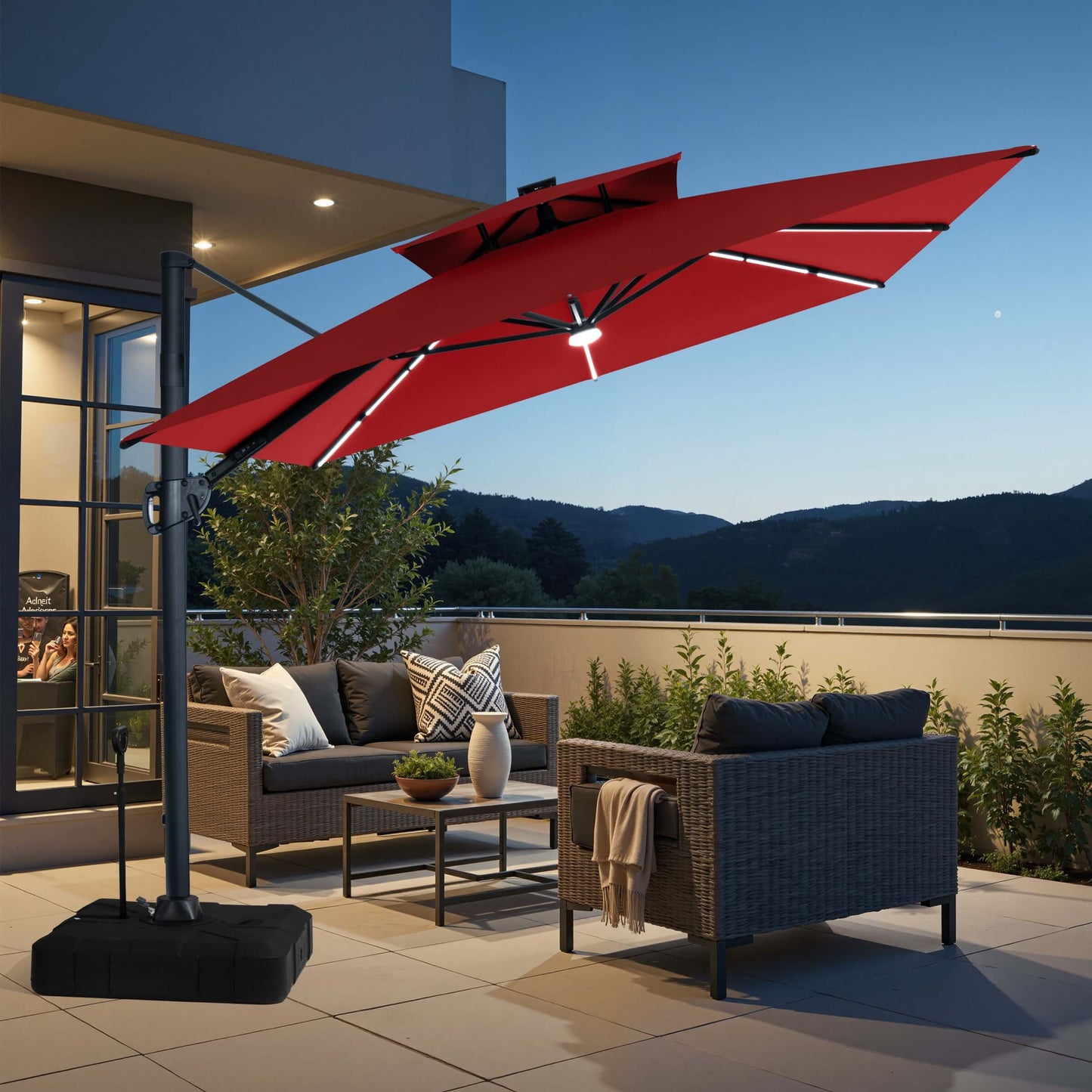 11x9 ft Aluminum Cantilever Patio Umbrella with Premium LED Strip Lights (Base Options)