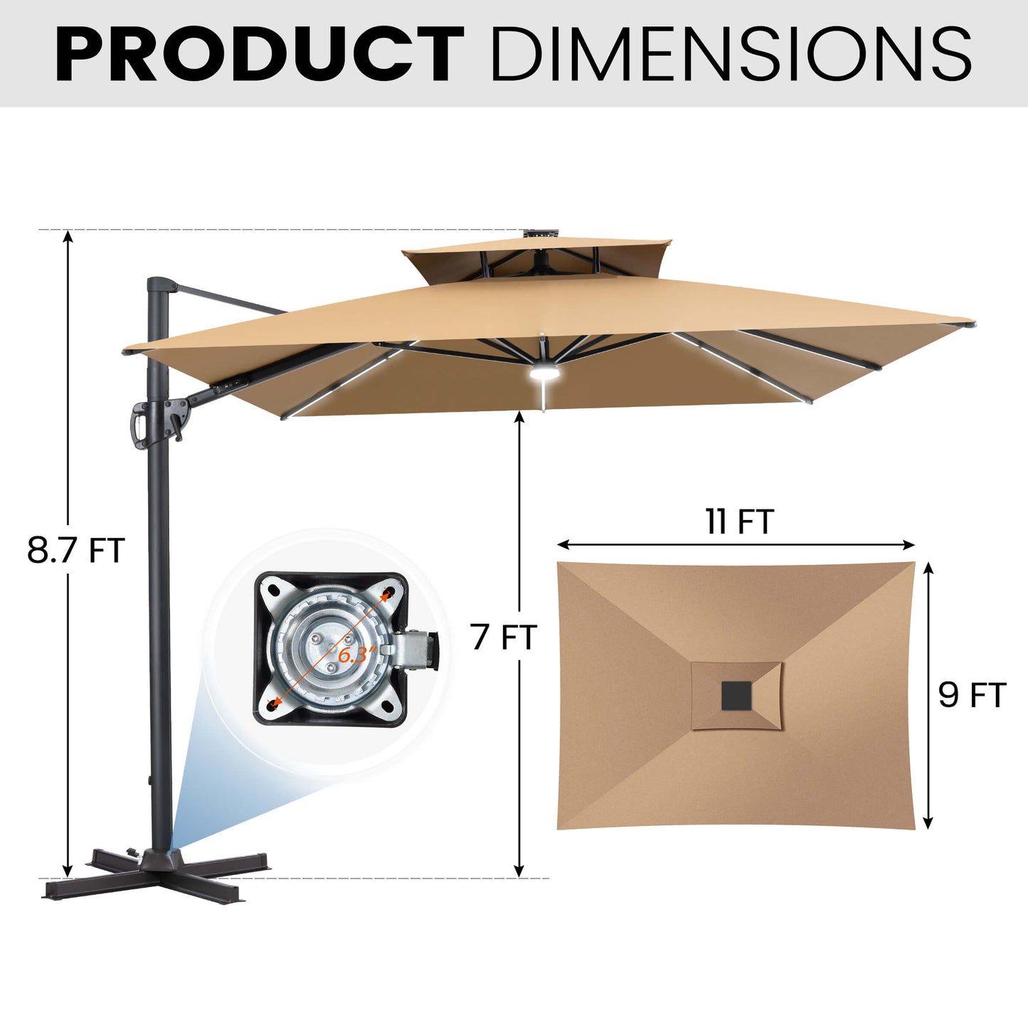 11x9 ft Aluminum Cantilever Patio Umbrella with Premium LED Strip Lights (Base Options)