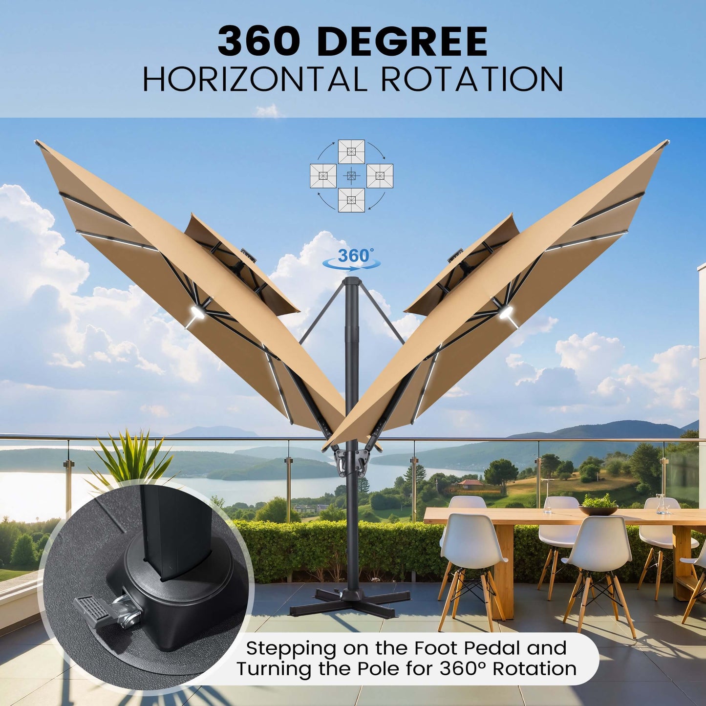 11x9 ft Aluminum Cantilever Patio Umbrella with Premium LED Strip Lights (Base Options)