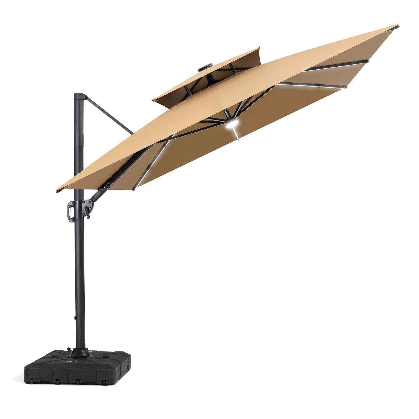 Beige square double-top cantilever patio umbrella with solar LED light, tilt mechanism, and heavy-duty black rolling base.