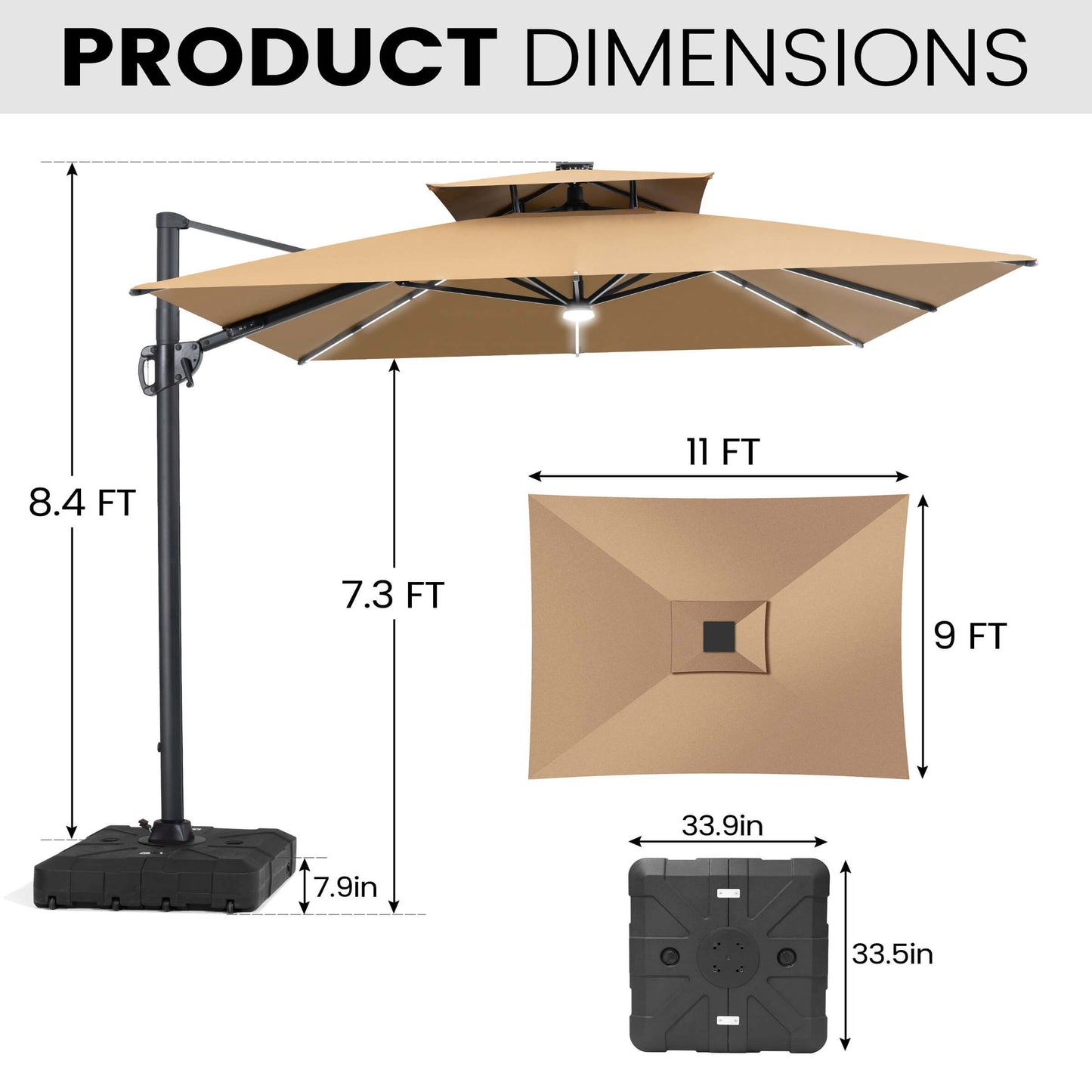 11x9 ft Aluminum Cantilever Patio Umbrella with Premium LED Strip Lights (Base Options)