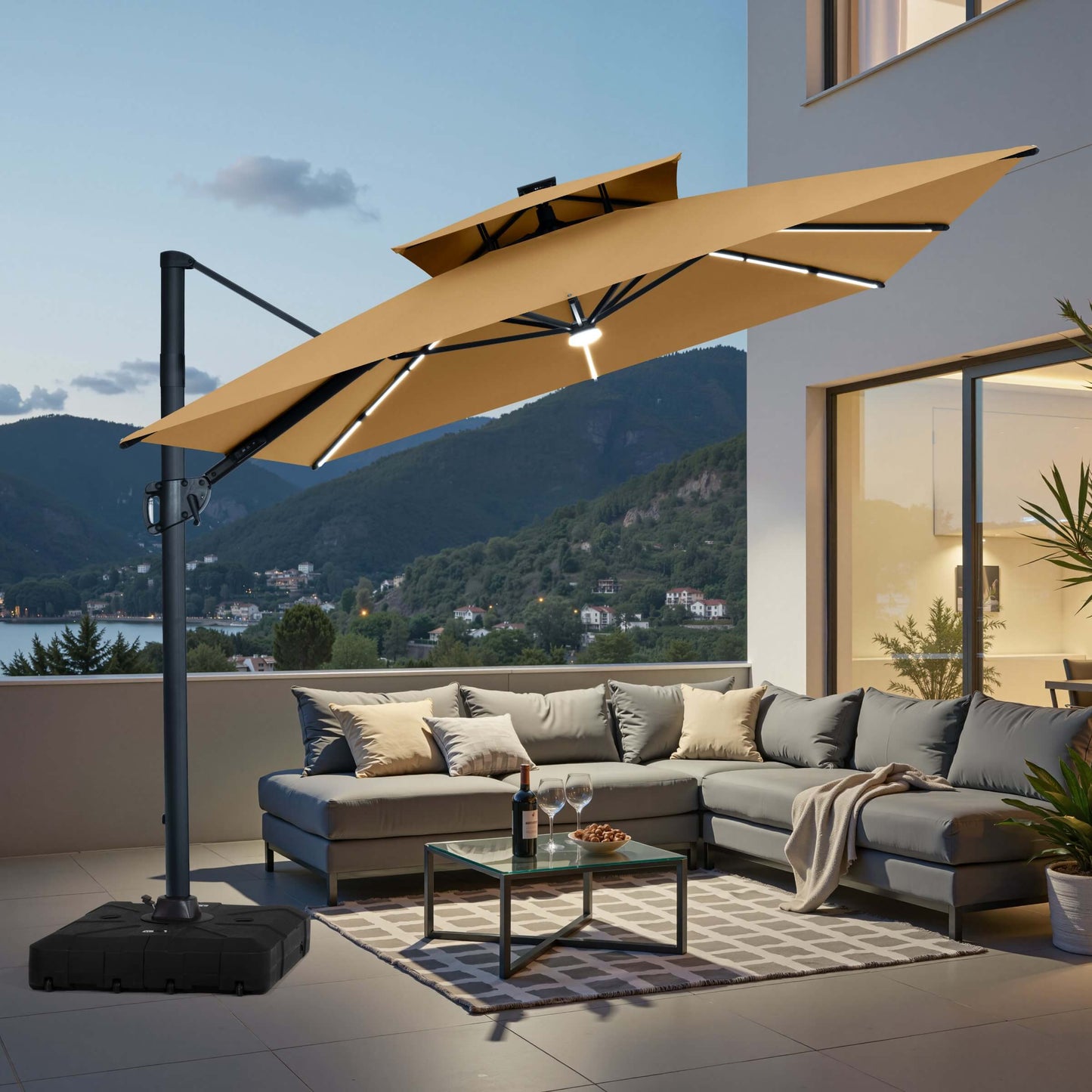 11x9 ft Aluminum Cantilever Patio Umbrella with Premium LED Strip Lights (Base Options)