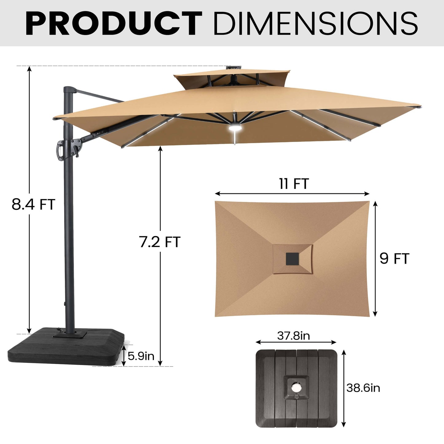 11x9 ft Aluminum Cantilever Patio Umbrella with Premium LED Strip Lights (Base Options)