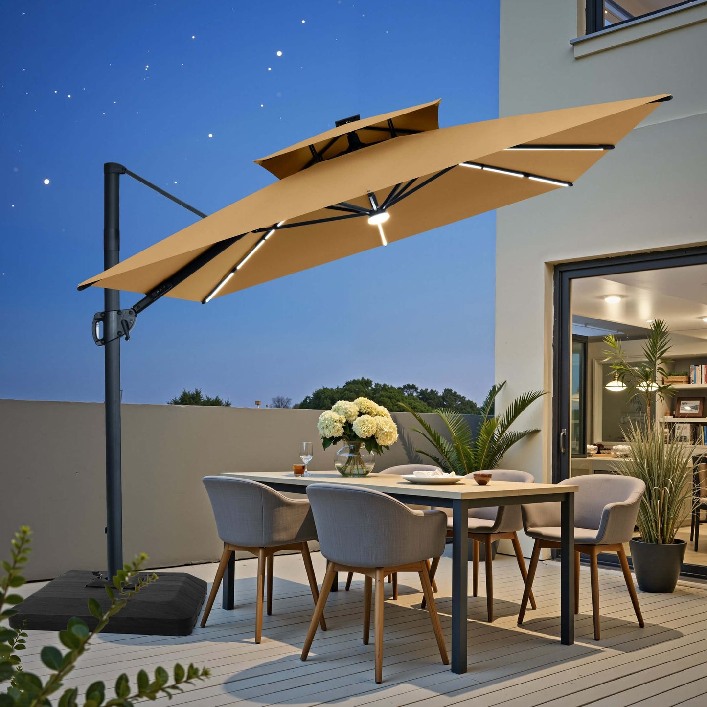 11x9 ft Aluminum Cantilever Patio Umbrella with Premium LED Strip Lights (Base Options)