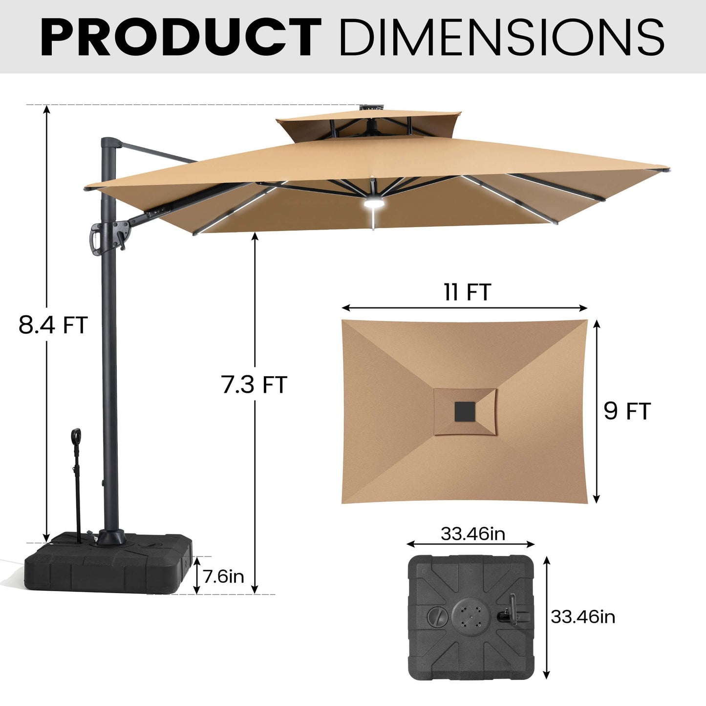 11x9 ft Aluminum Cantilever Patio Umbrella with Premium LED Strip Lights (Base Options)