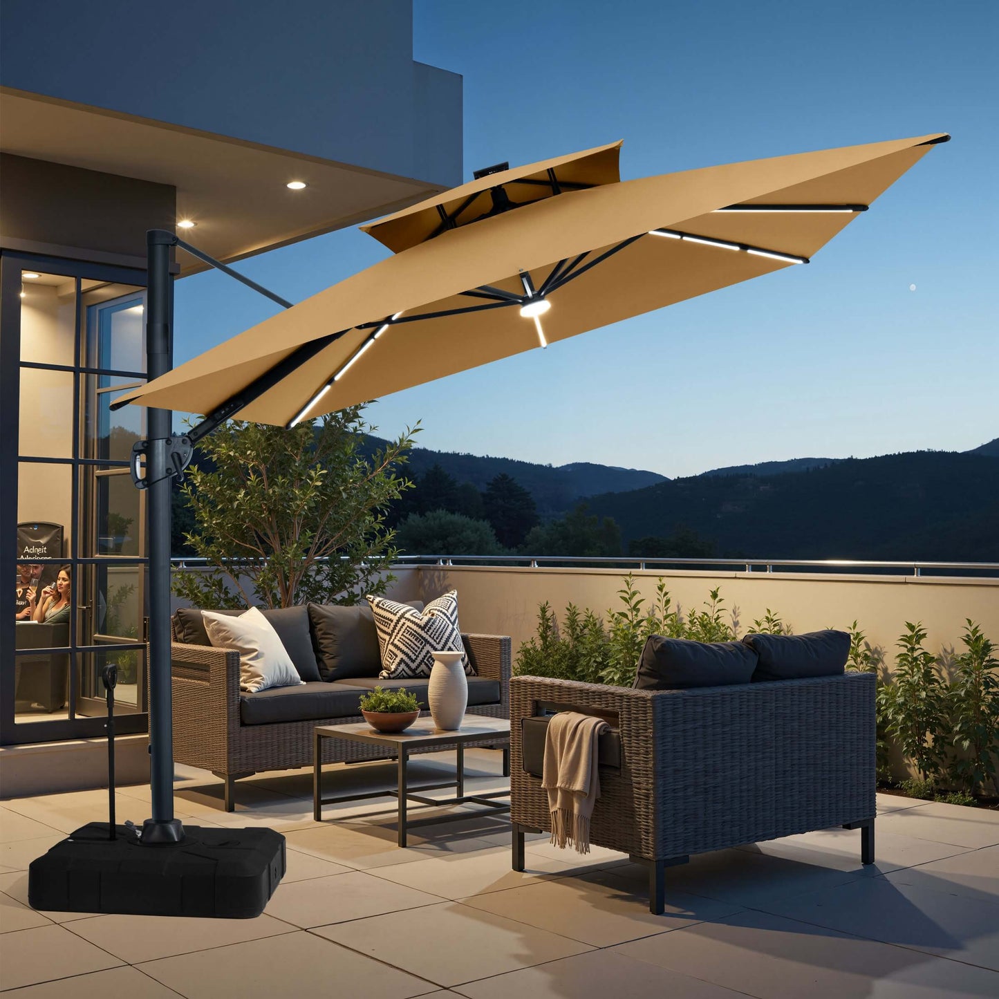 11x9 ft Aluminum Cantilever Patio Umbrella with Premium LED Strip Lights (Base Options)