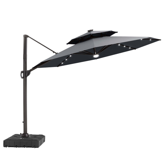 11x11 ft Aluminum Cantilever Patio Umbrella with LED Lights & Double Top (Base Options)