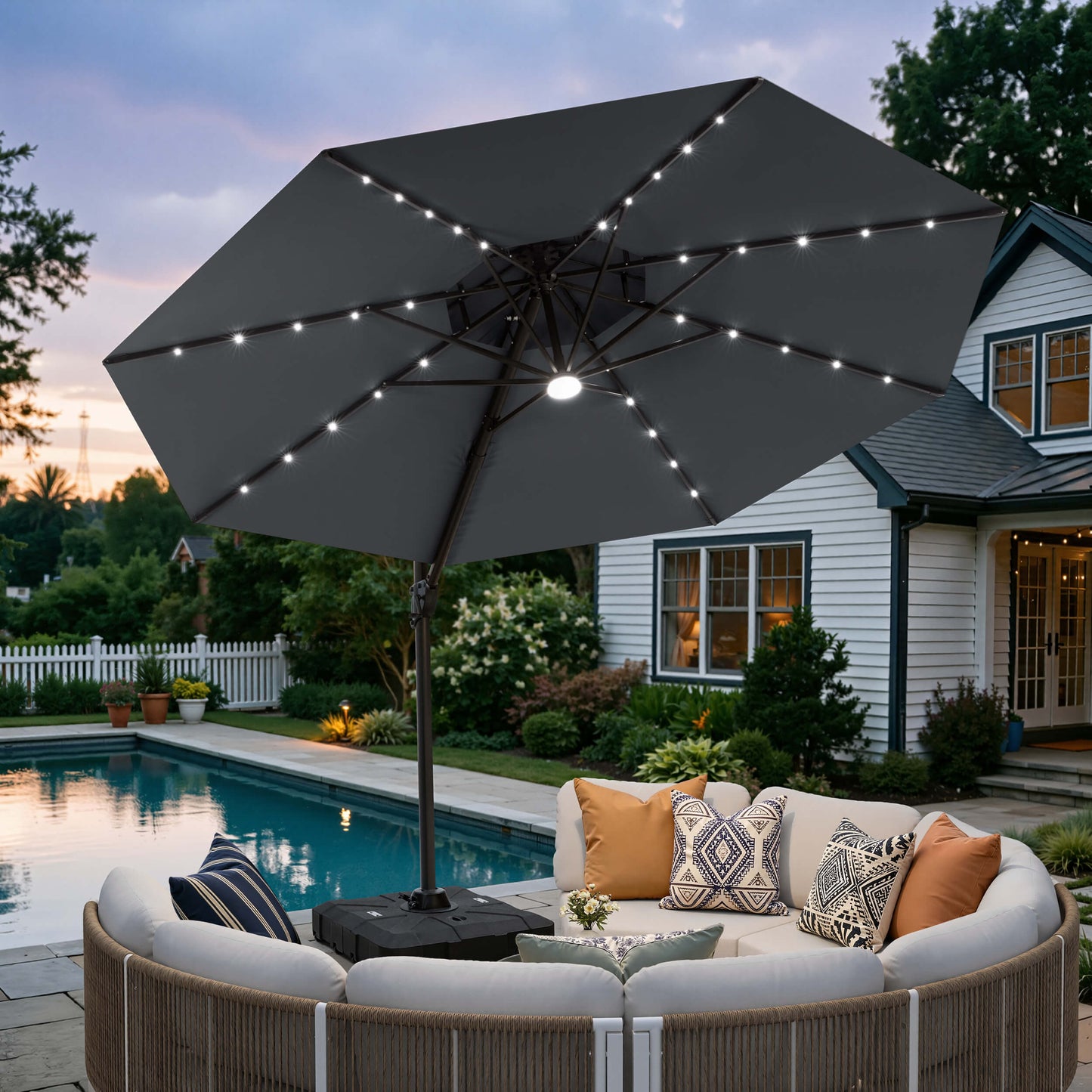 11x11 ft Aluminum Cantilever Patio Umbrella with LED Lights & Double Top (Base Options)