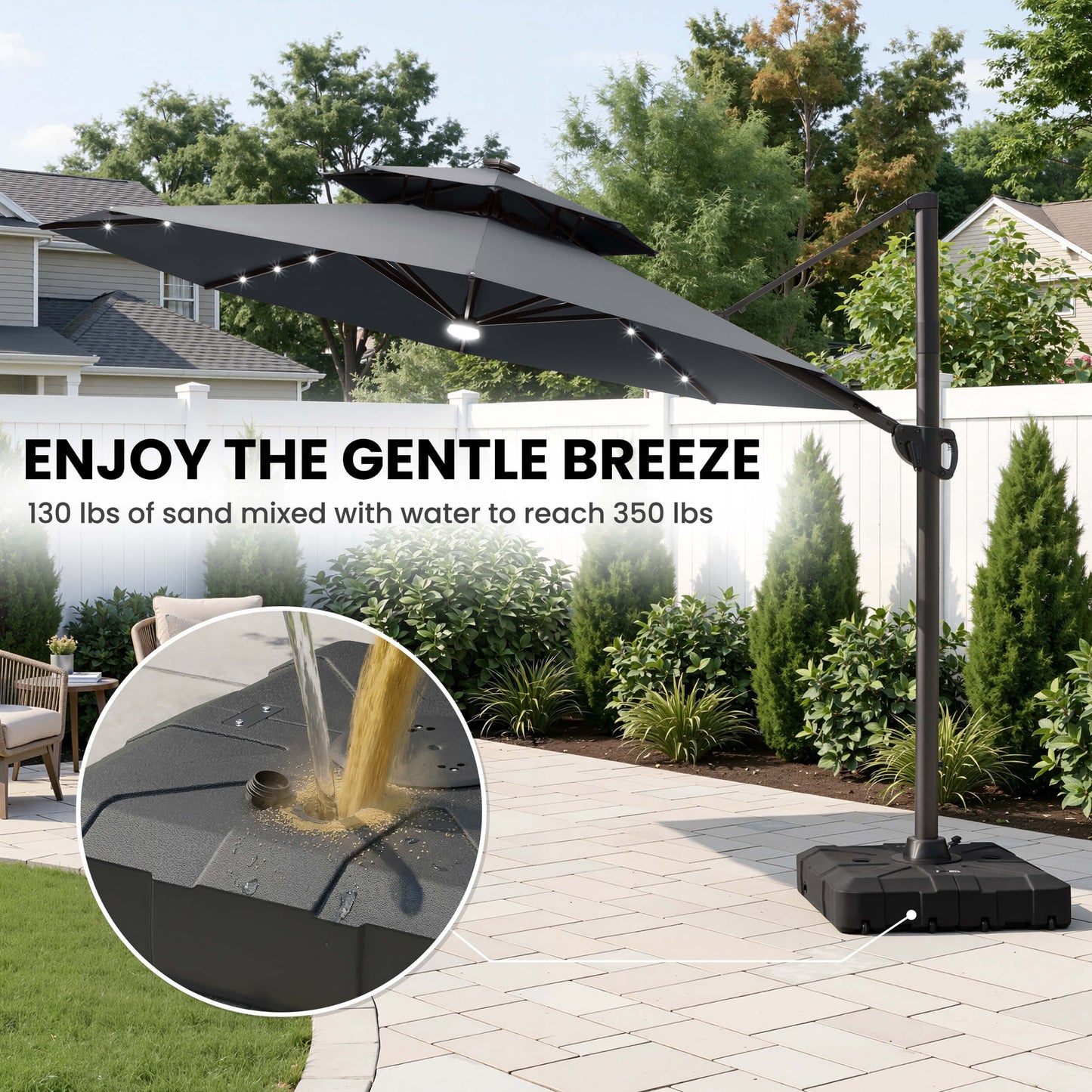 11x11 ft Aluminum Cantilever Patio Umbrella with LED Lights & Double Top (Base Options)