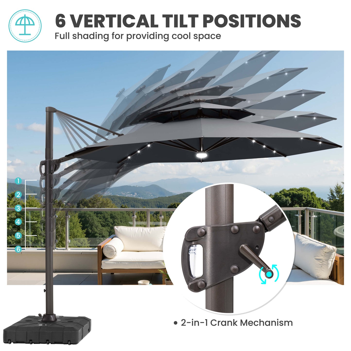 11x11 ft Aluminum Cantilever Patio Umbrella with LED Lights & Double Top (Base Options)