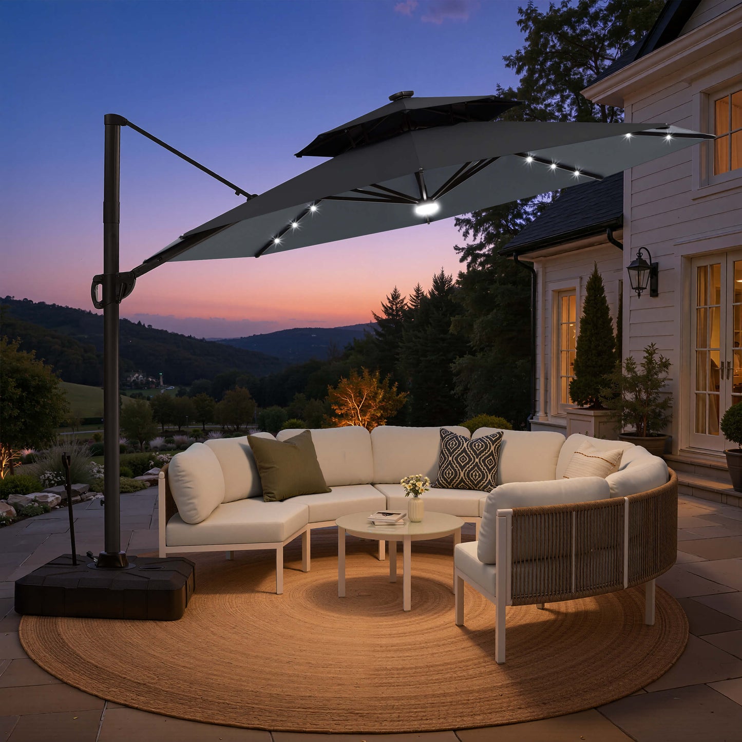 11x11 ft Aluminum Cantilever Patio Umbrella with LED Lights & Double Top (Base Options)
