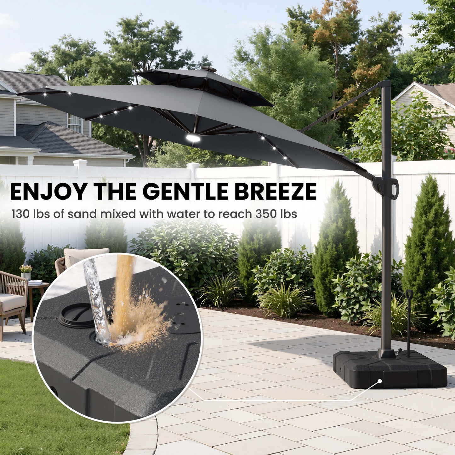 11x11 ft Aluminum Cantilever Patio Umbrella with LED Lights & Double Top (Base Options)