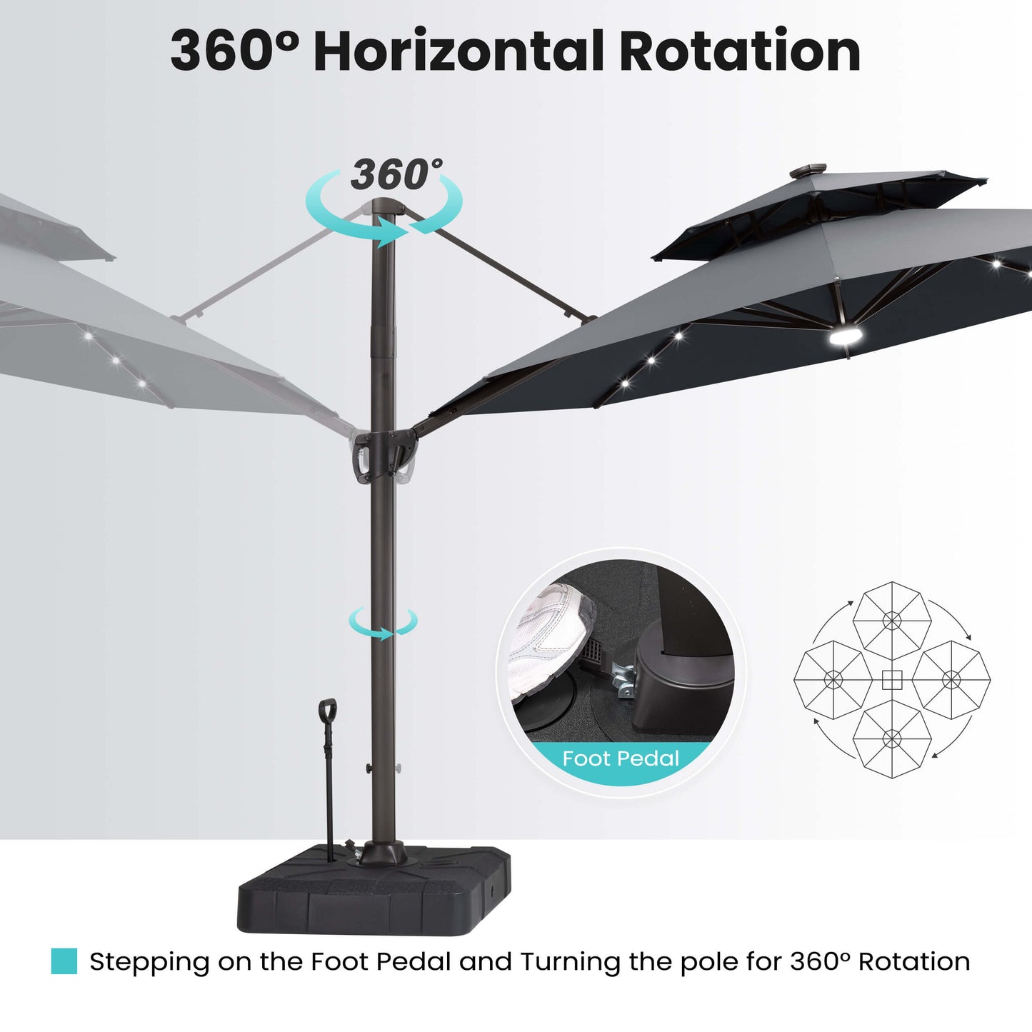 11x11 ft Aluminum Cantilever Patio Umbrella with LED Lights & Double Top (Base Options)