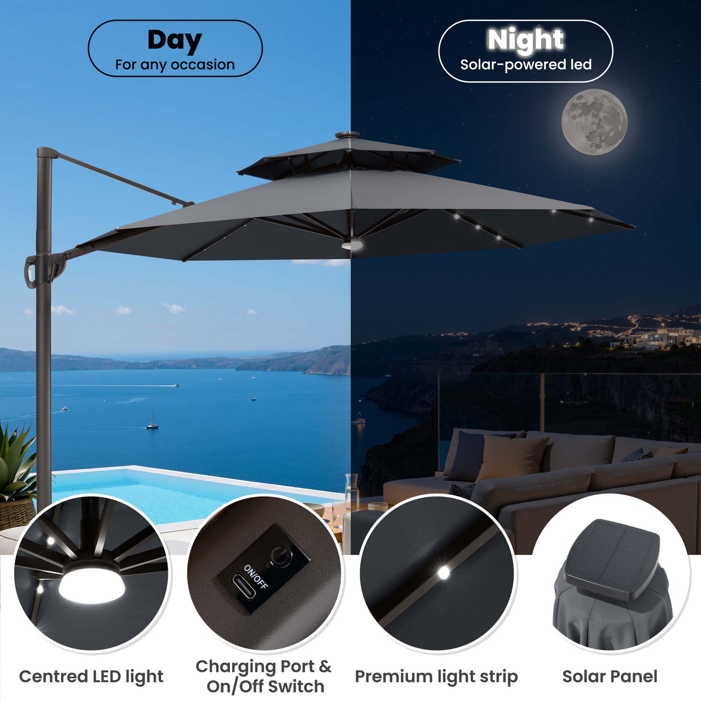 11x11 ft Aluminum Cantilever Patio Umbrella with LED Lights & Double Top (Base Options)