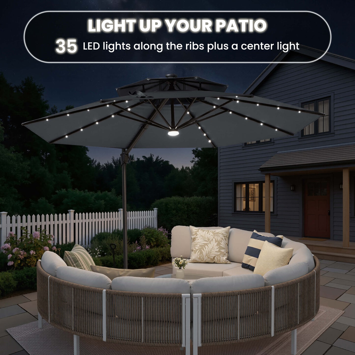 11x11 ft Aluminum Cantilever Patio Umbrella with LED Lights & Double Top (Base Options)